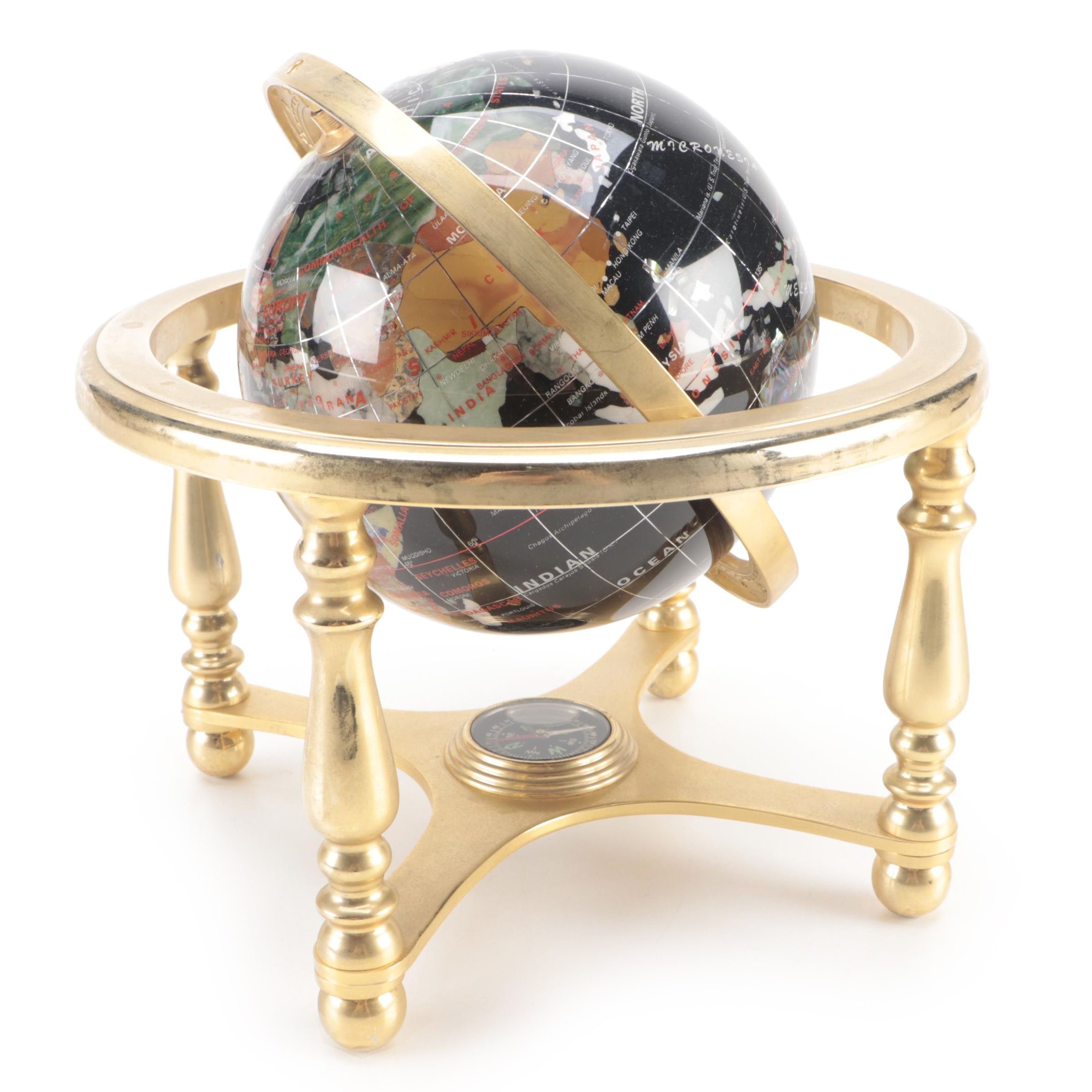 Gemstone Inlaid Globe on Brass Stand