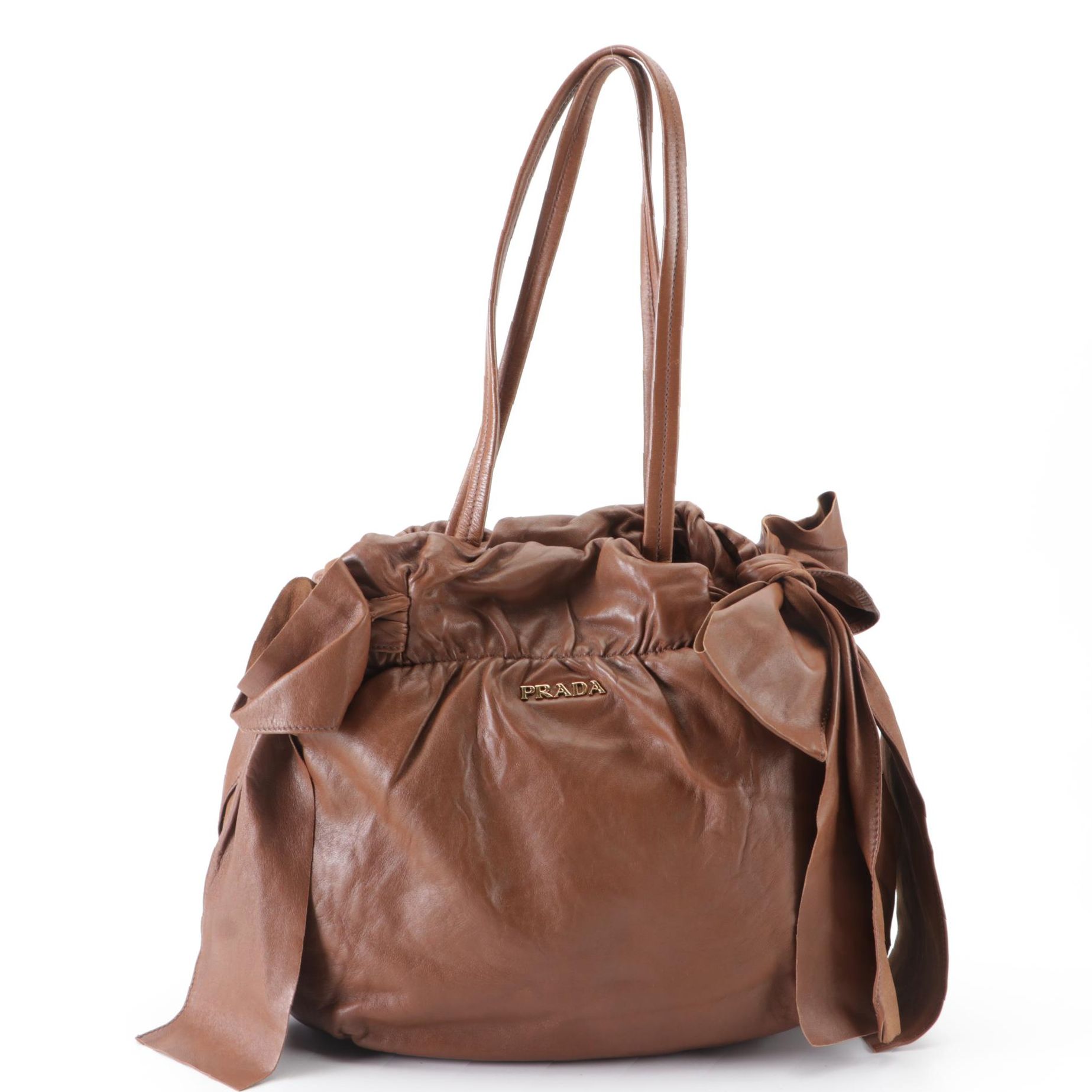 Prada Shoulder Bag in Brown Lambskin Leather with Bow Detail