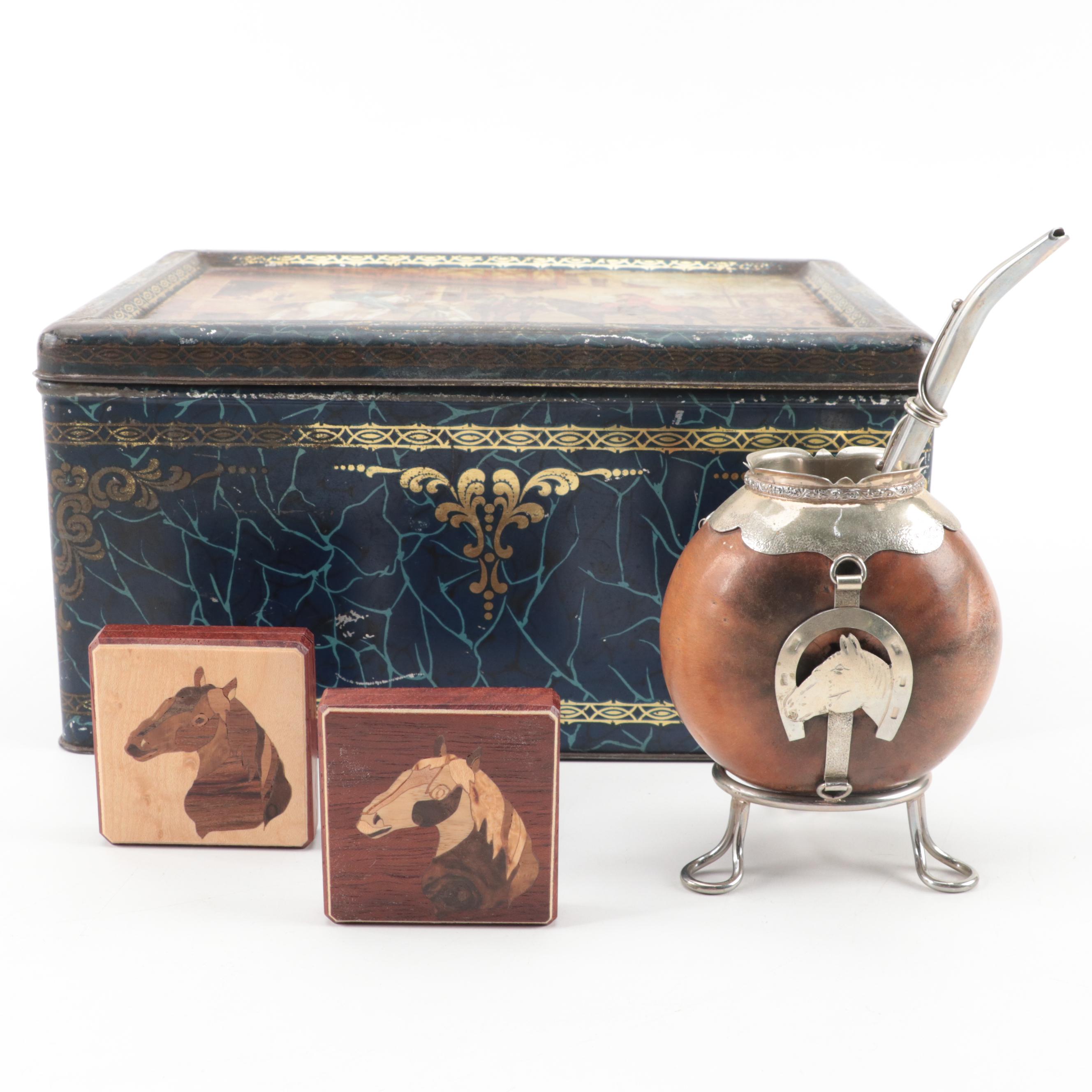 Yerba Mate Gourd Set with Marquetry Horse Mirror Compacts and Tin-Litho Box