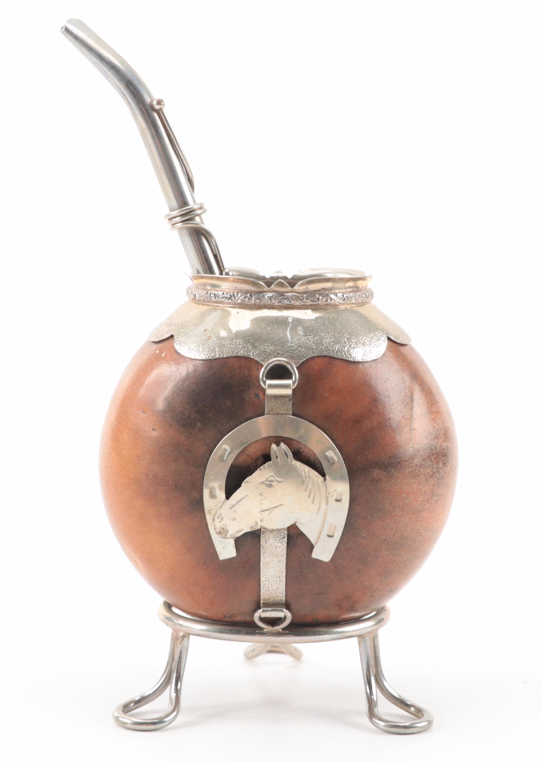 Yerba Mate Gourd Set with Marquetry Horse Mirror Compacts and Tin-Litho Box