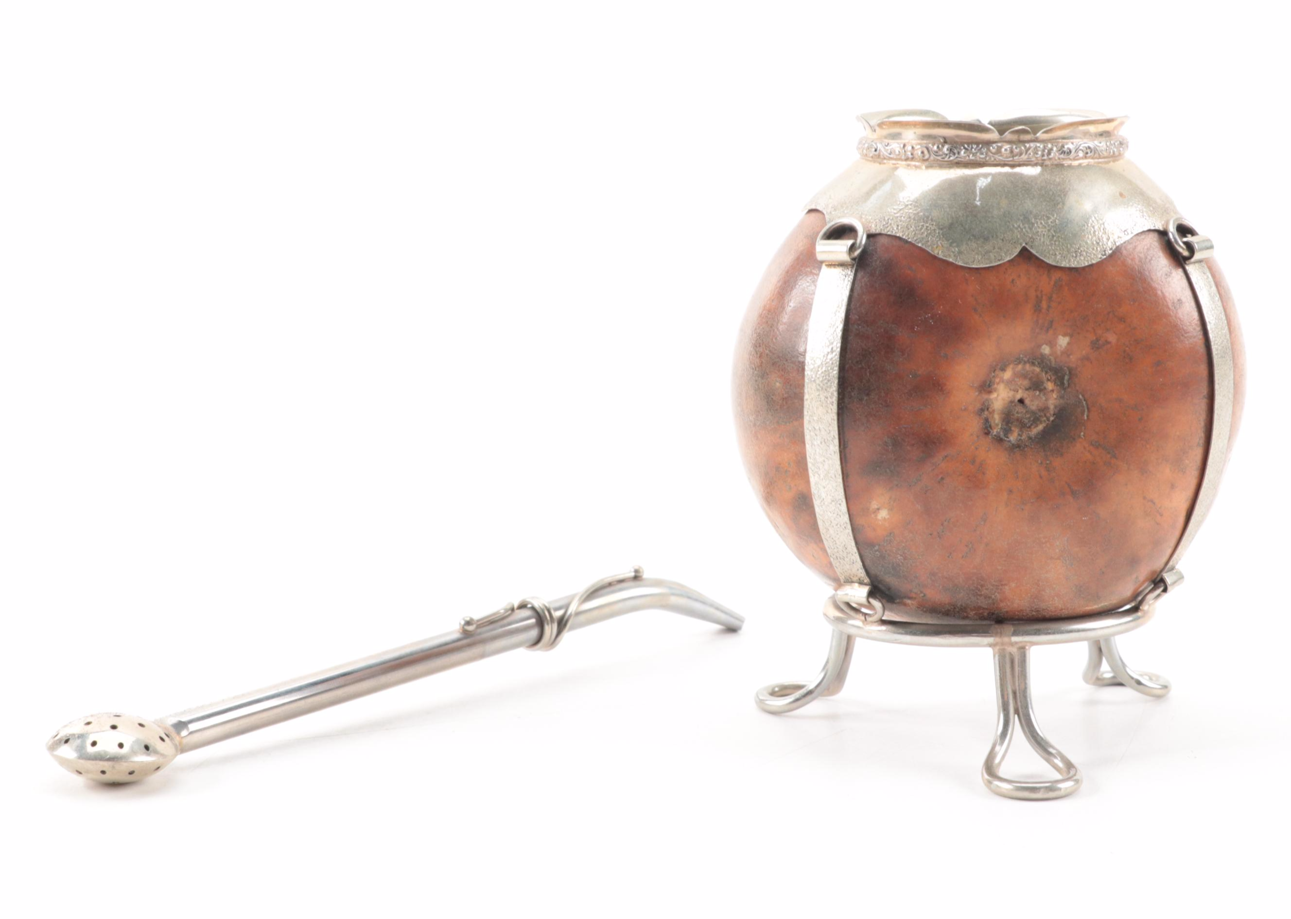 Yerba Mate Gourd Set with Marquetry Horse Mirror Compacts and Tin-Litho Box