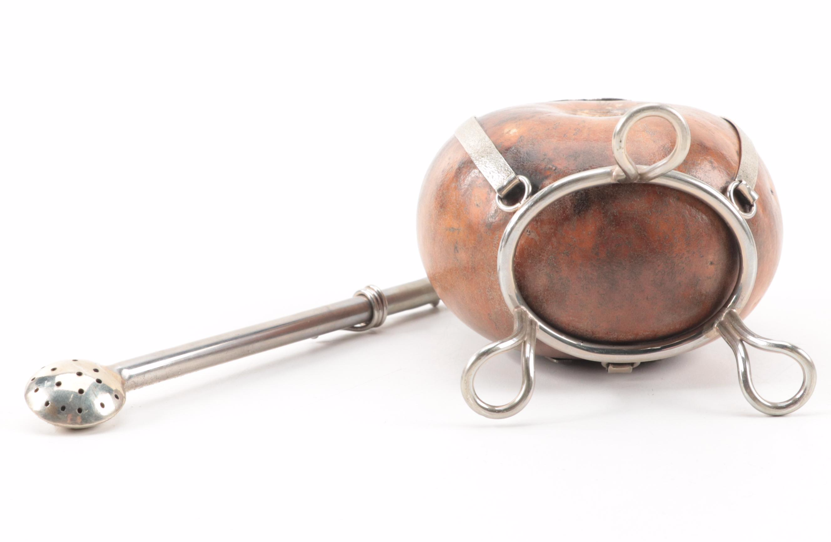 Yerba Mate Gourd Set with Marquetry Horse Mirror Compacts and Tin-Litho Box