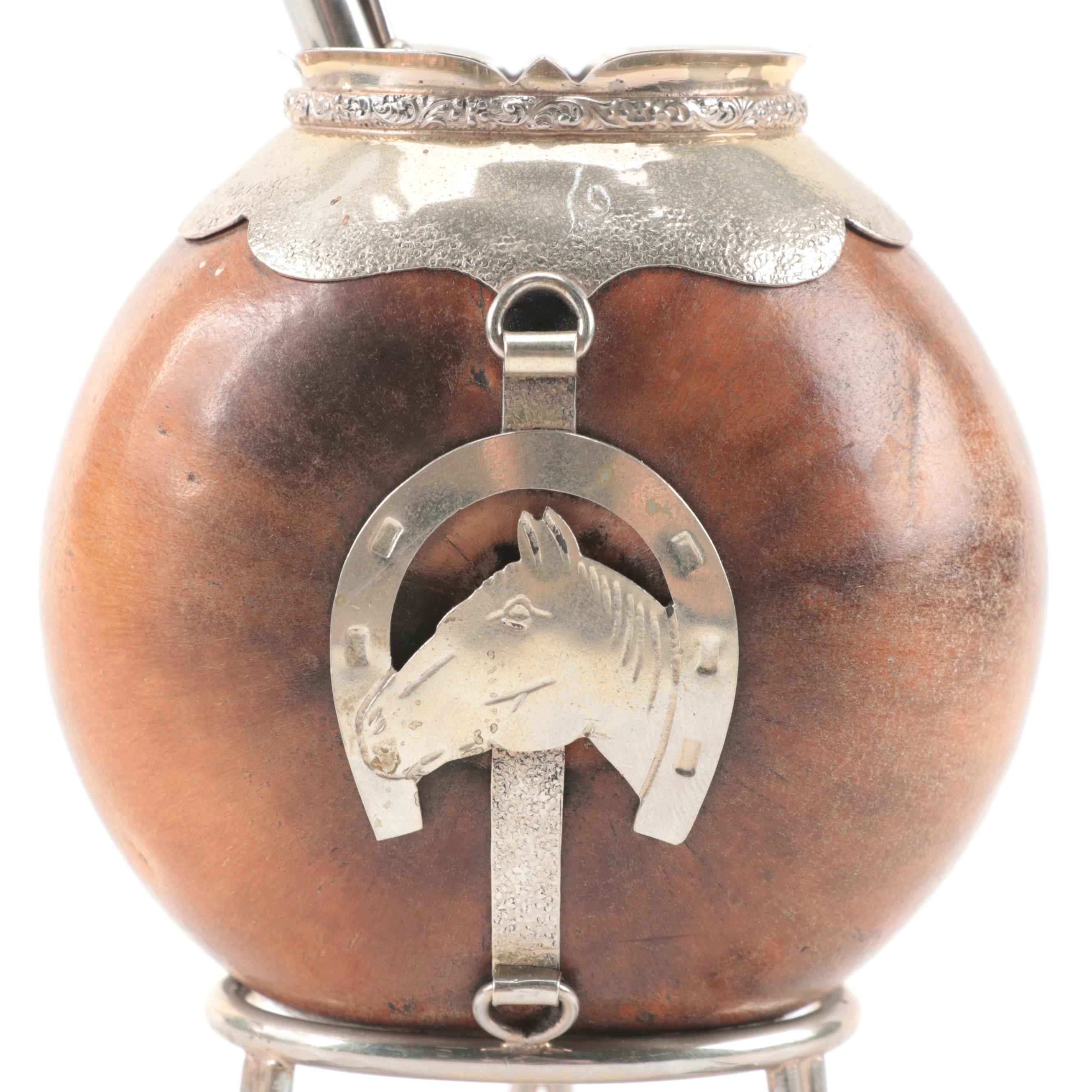 Yerba Mate Gourd Set with Marquetry Horse Mirror Compacts and Tin-Litho Box