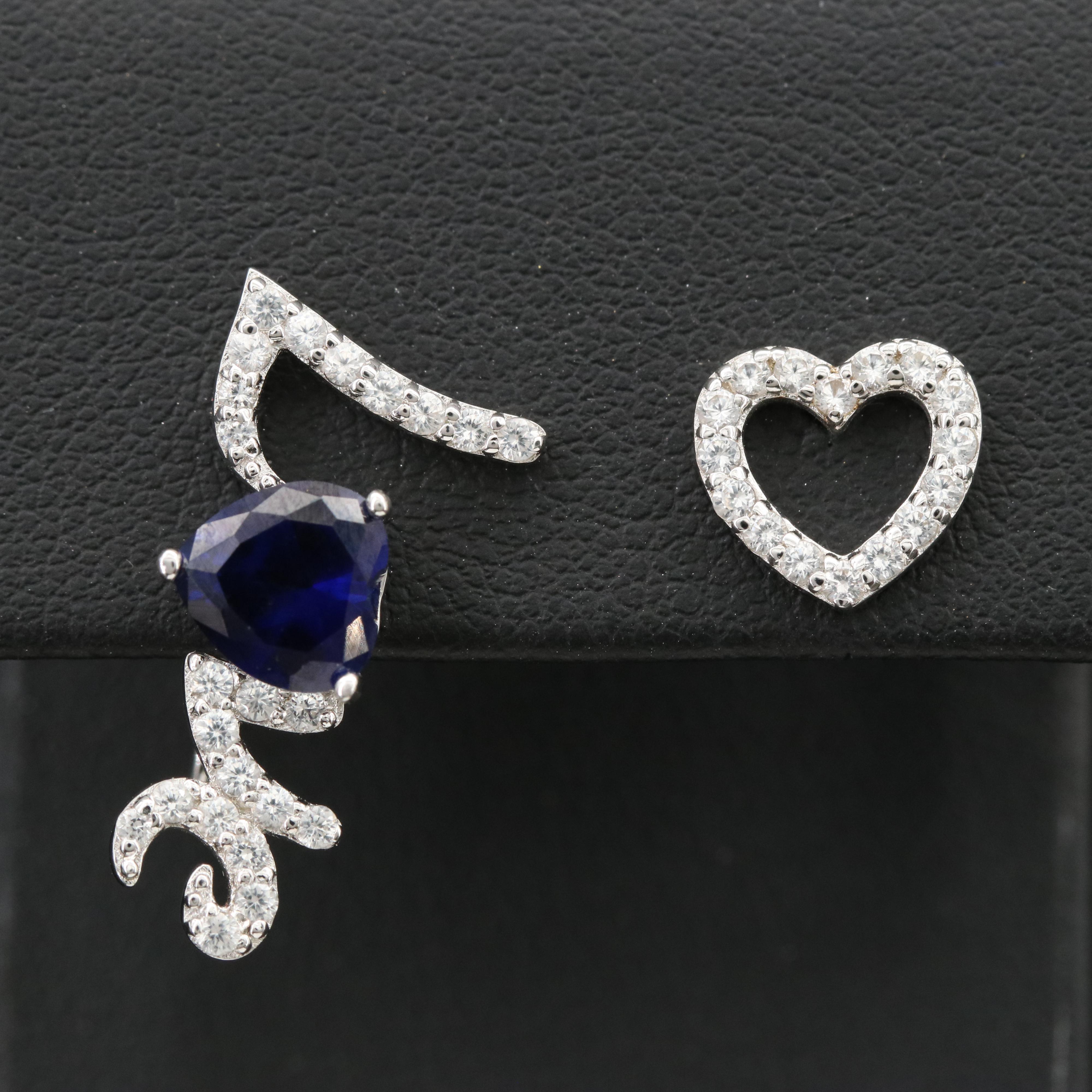 Sterling Asymmetrical Heart and "Love" Earrings with Blue and White Sapphires