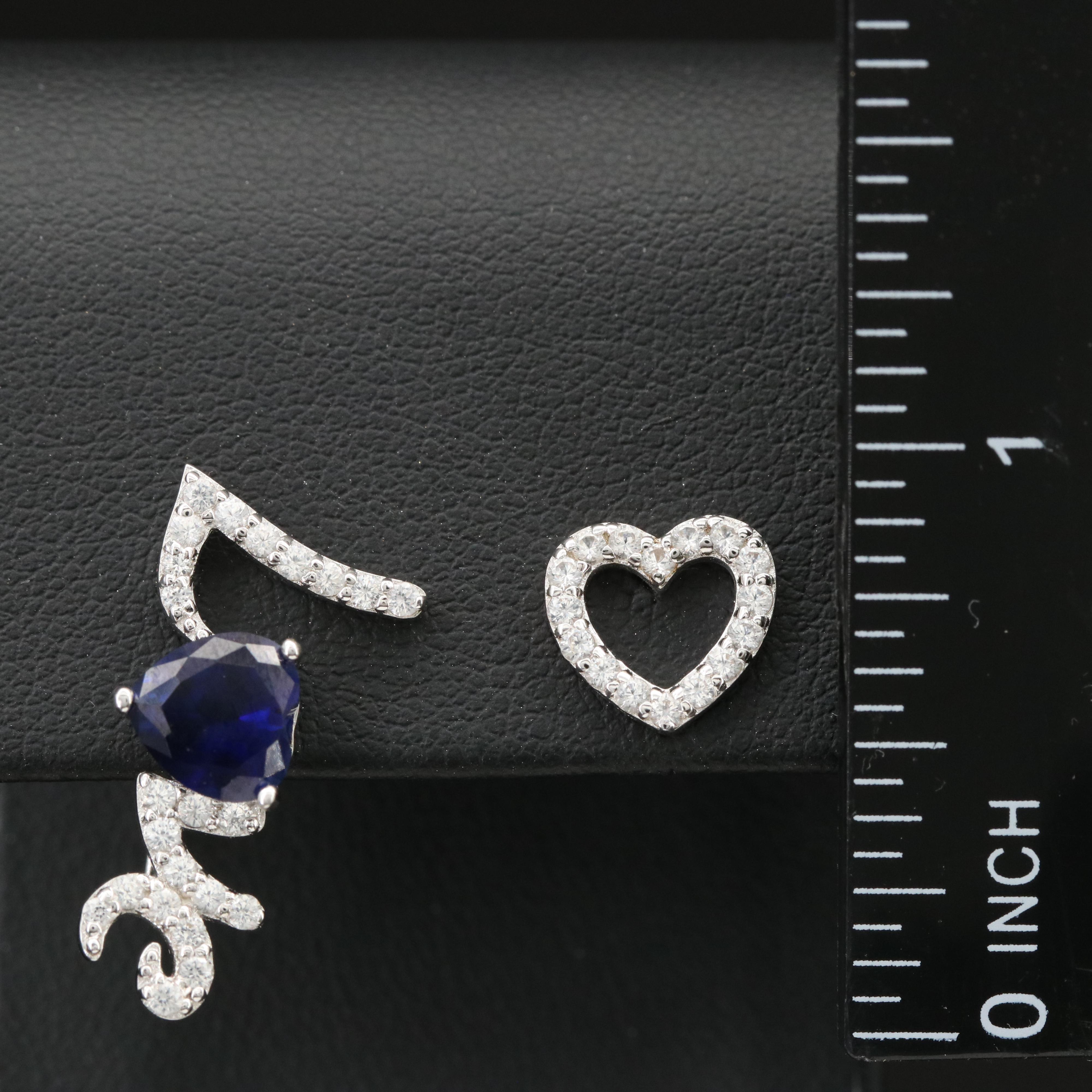 Sterling Asymmetrical Heart and "Love" Earrings with Blue and White Sapphires