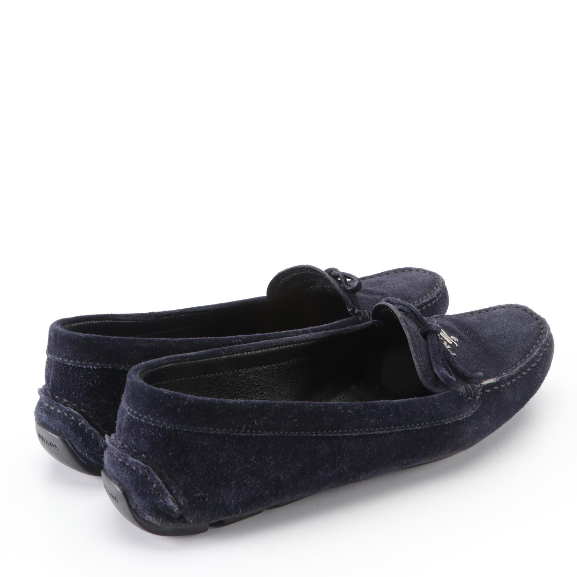 Prada Driving Loafers in Navy Blue Suede with Rubber Soles