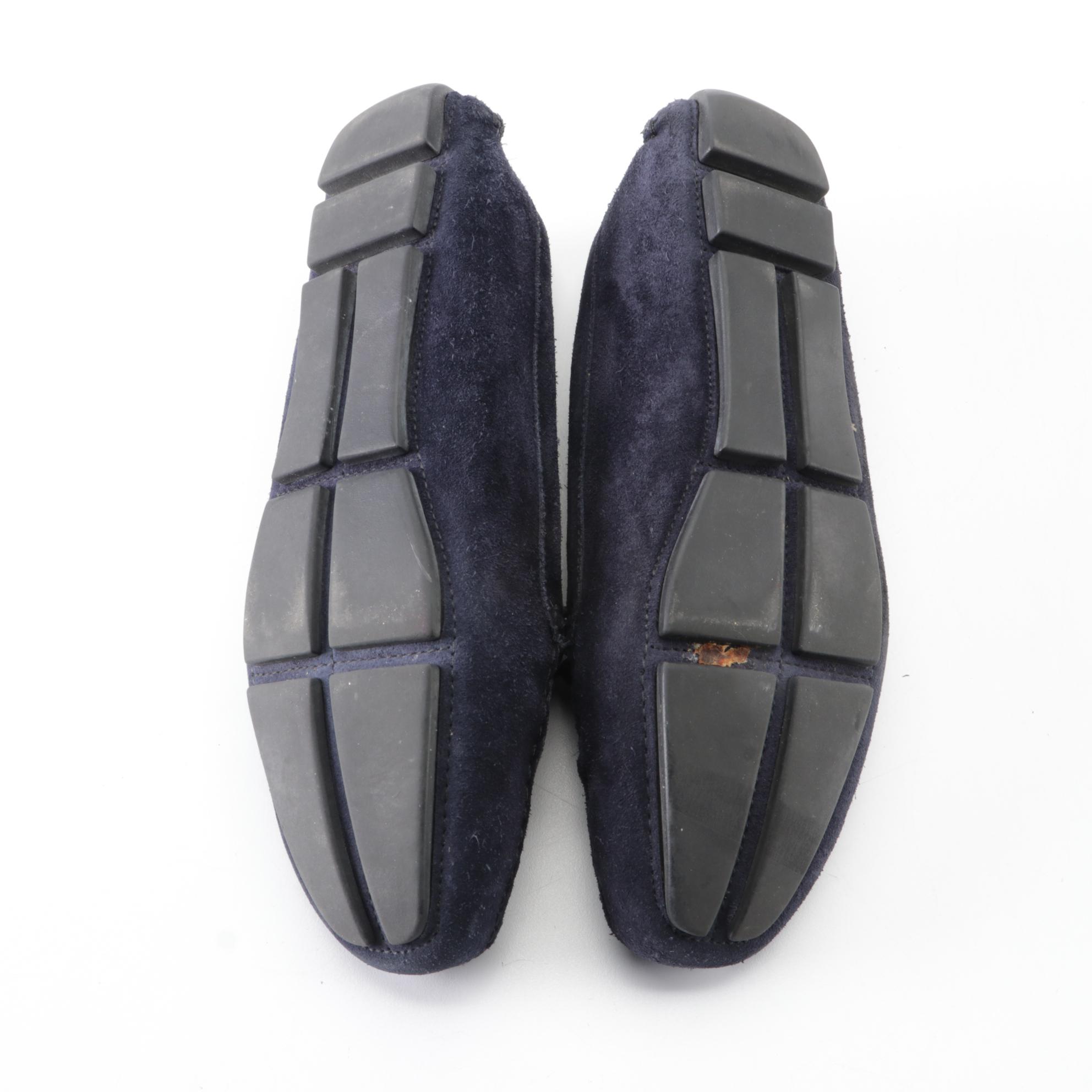 Prada Driving Loafers in Navy Blue Suede with Rubber Soles