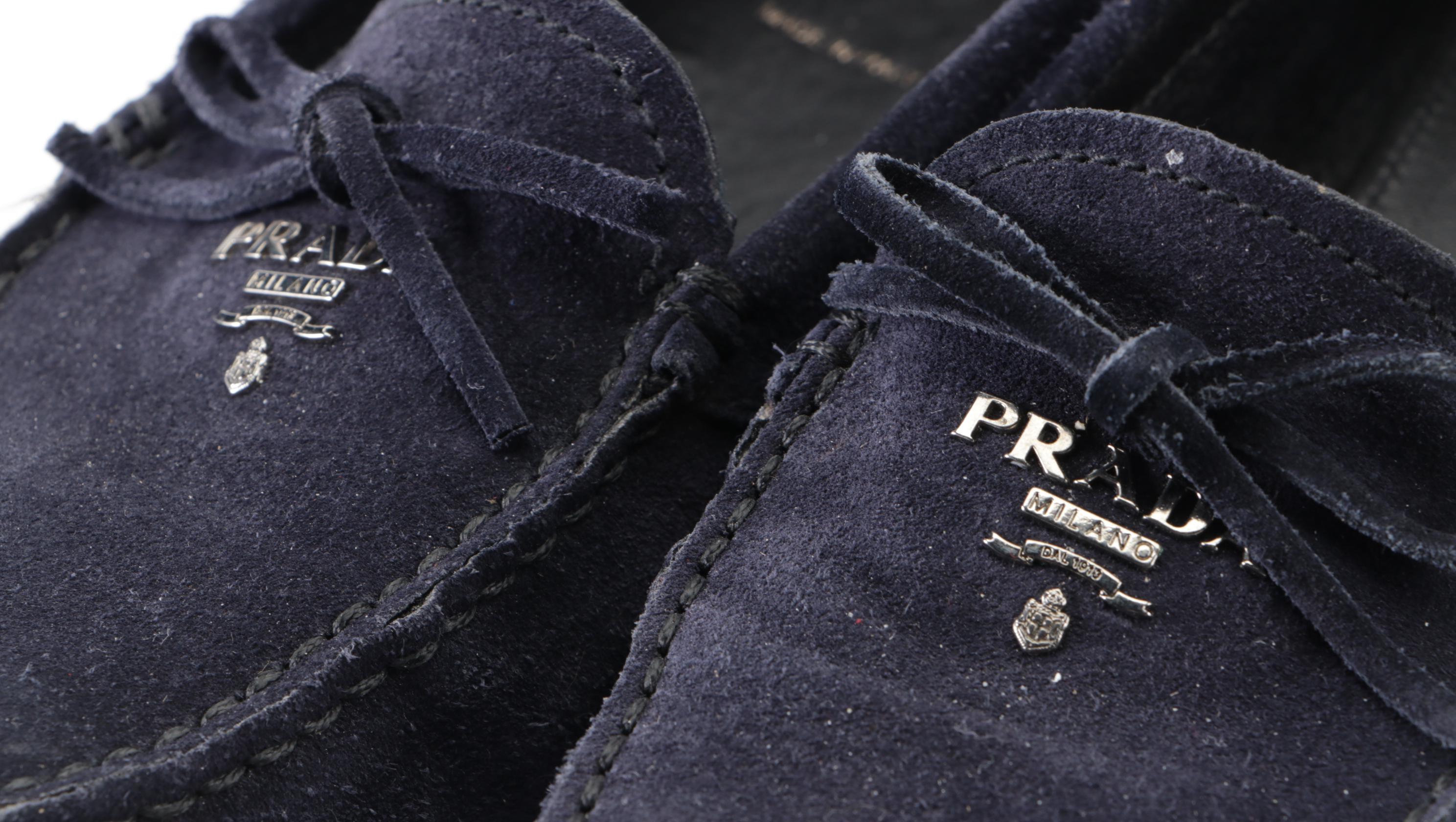 Prada Driving Loafers in Navy Blue Suede with Rubber Soles