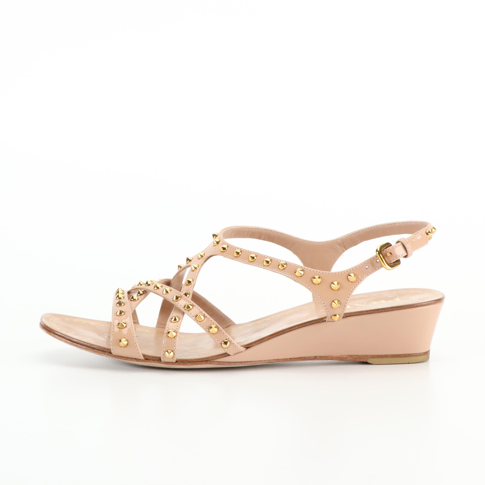Prada Studded Wedge Sandals in Nude Patent Leather