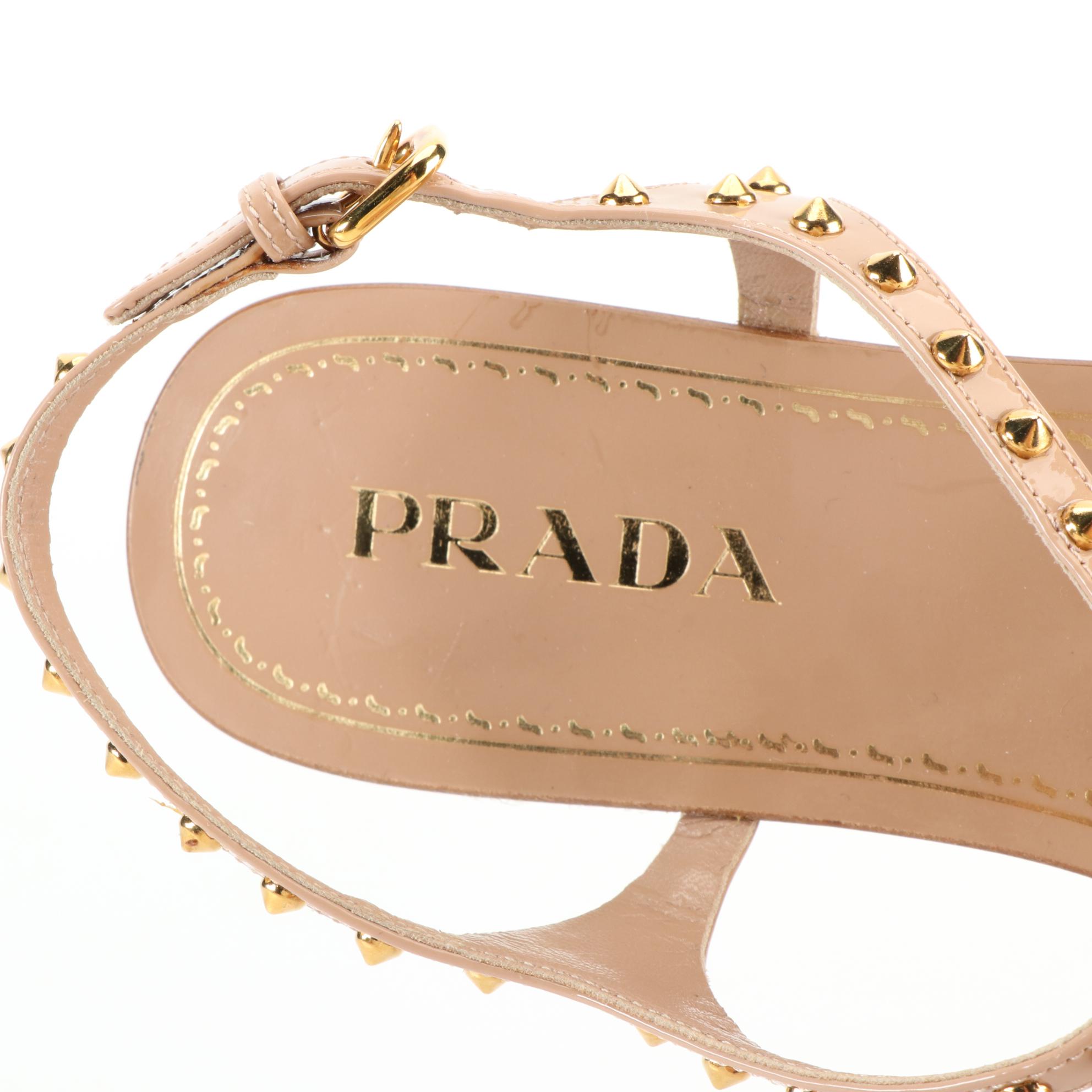 Prada Studded Wedge Sandals in Nude Patent Leather