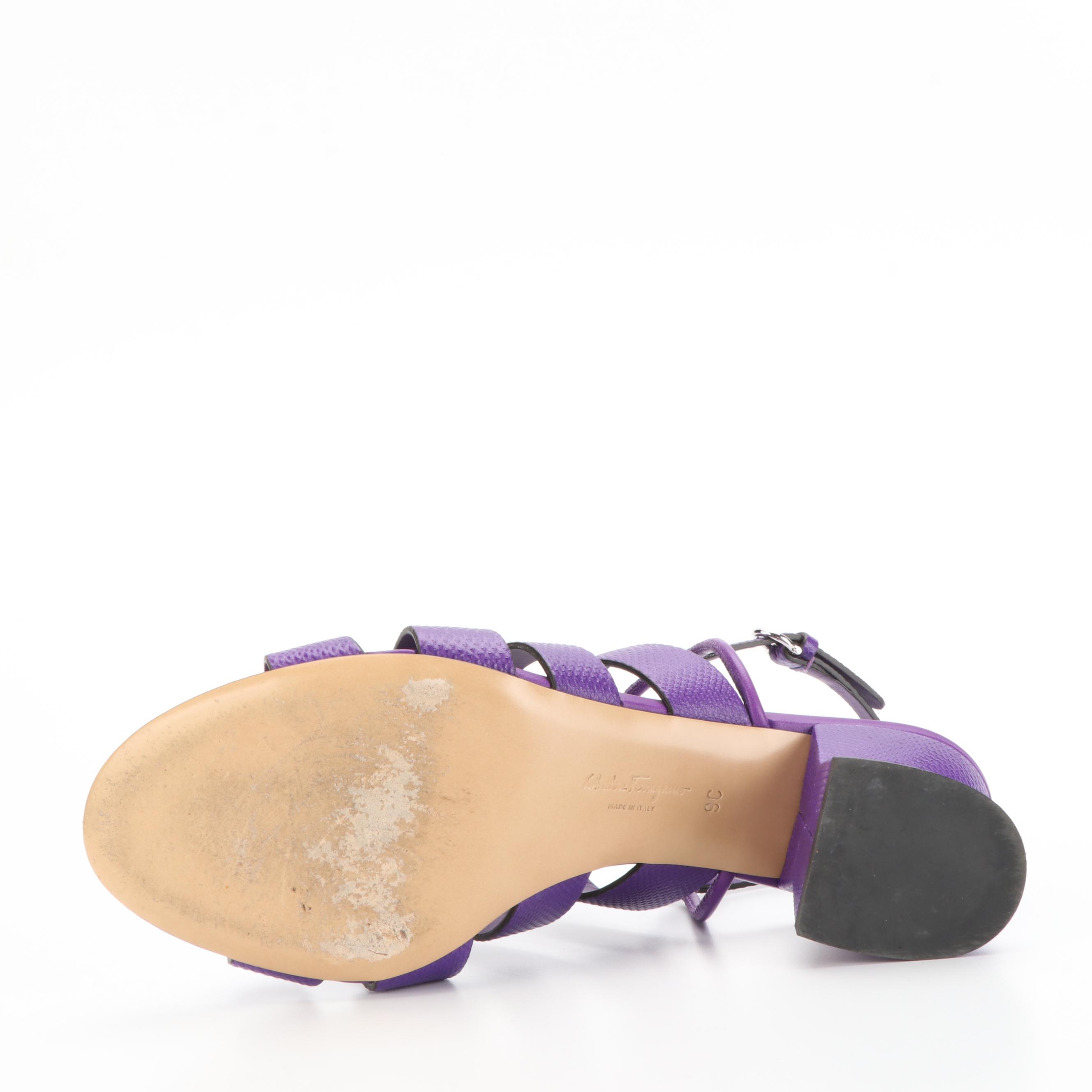 Salvatore Ferragamo 55mm Geometric Heel Sandals in Purple Snake-Effect Leather