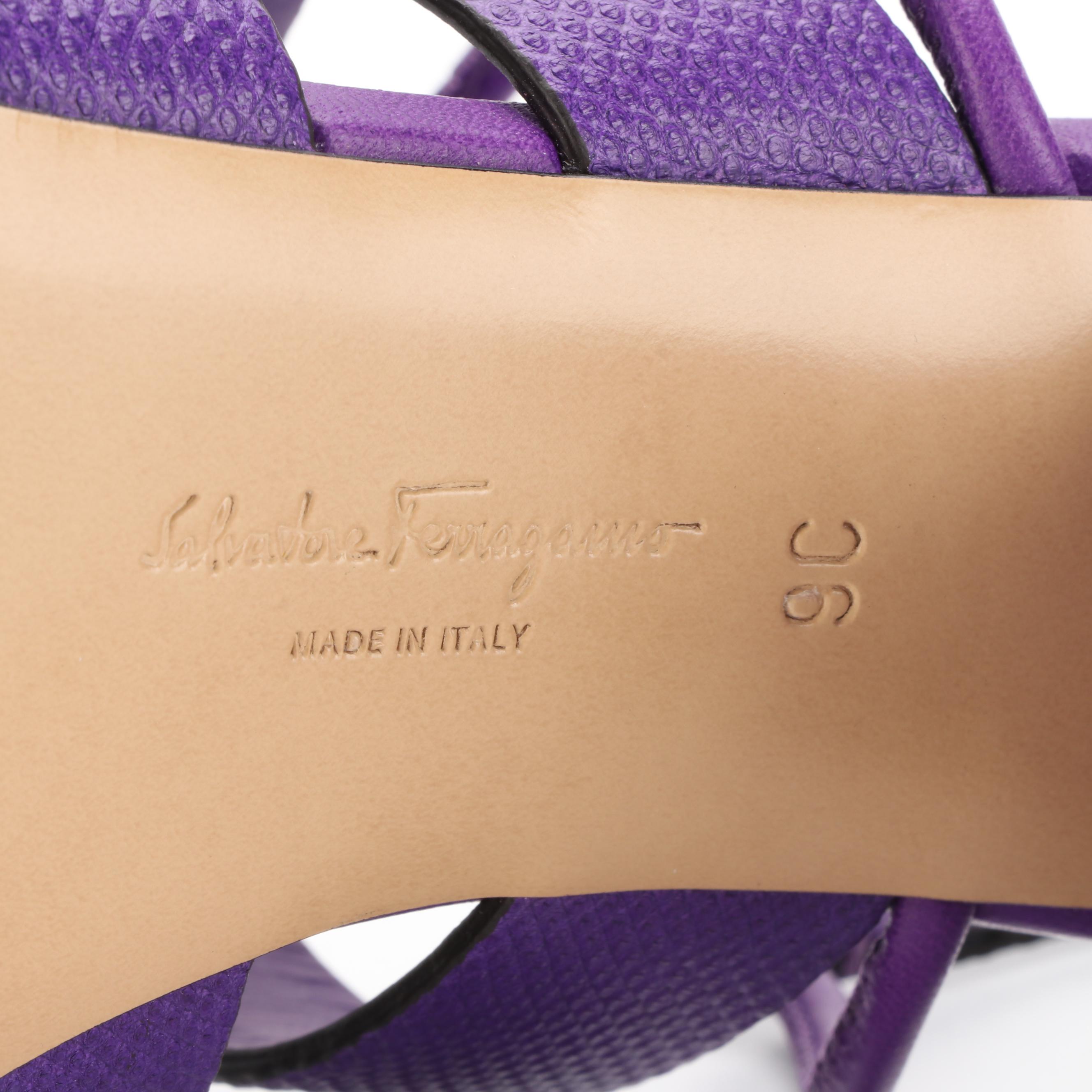 Salvatore Ferragamo 55mm Geometric Heel Sandals in Purple Snake-Effect Leather