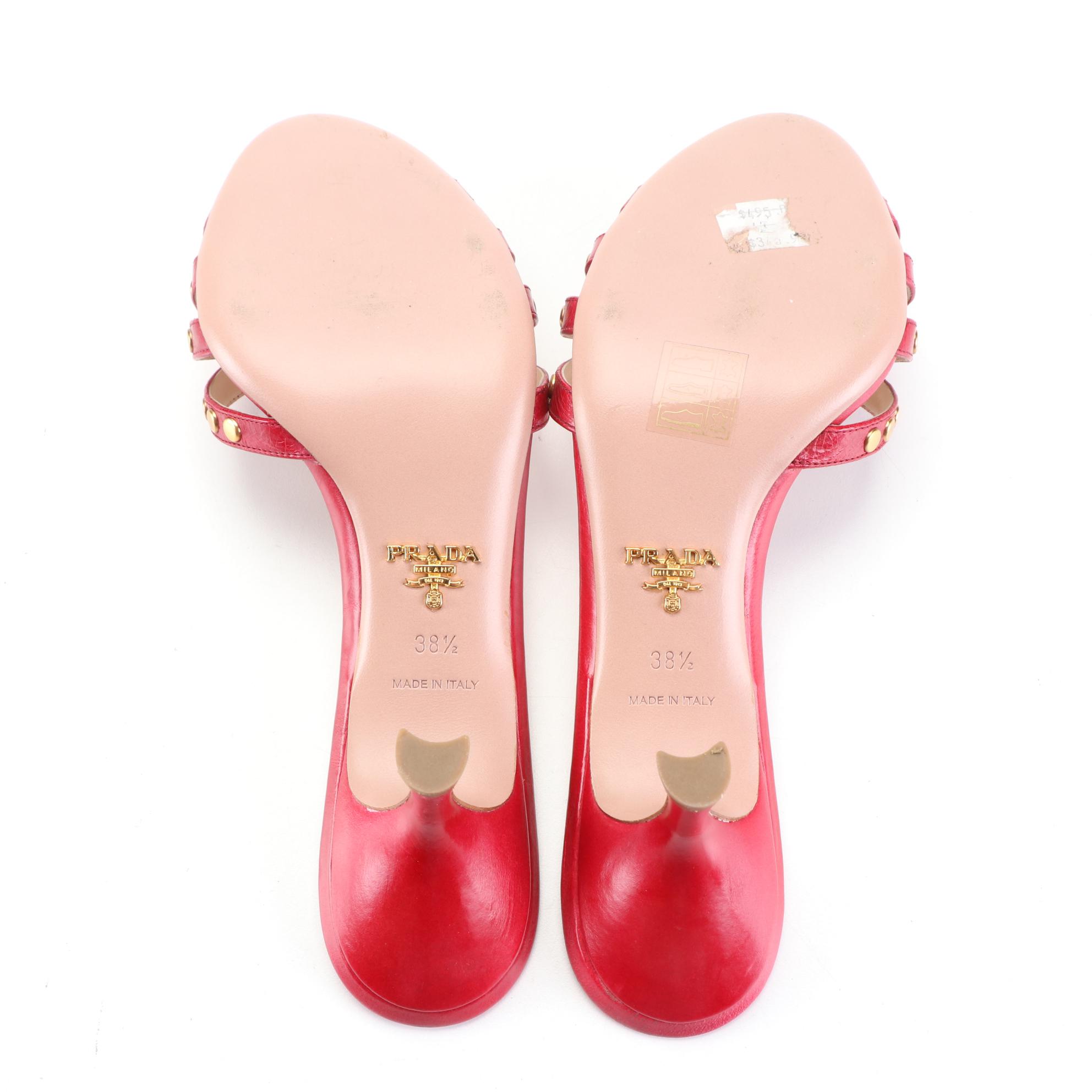 Prada Kitten Heel Sandals in Studded Red Leather