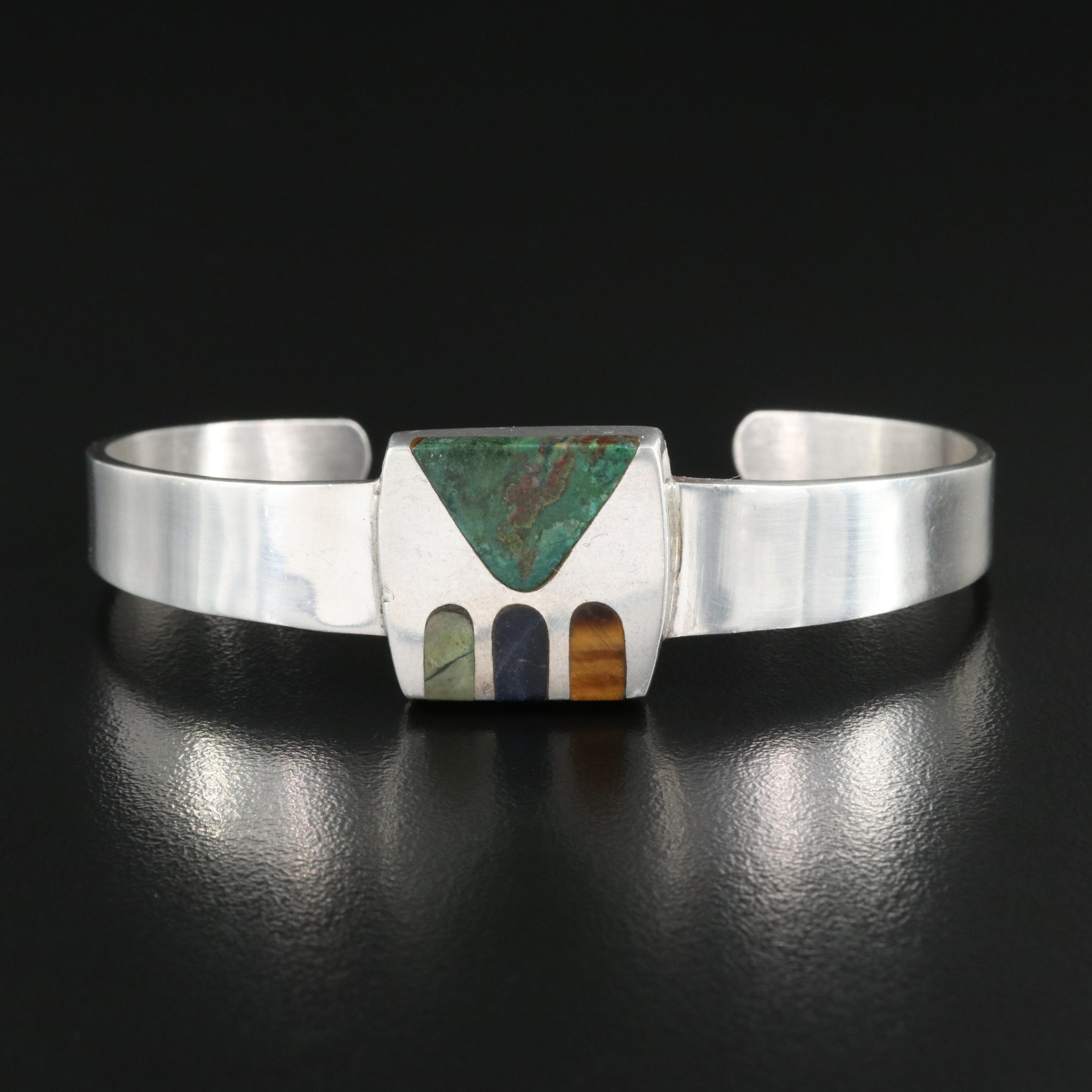 Signed Sterling Tiger's Eye, Sodalite and Eilat Stone Cuff