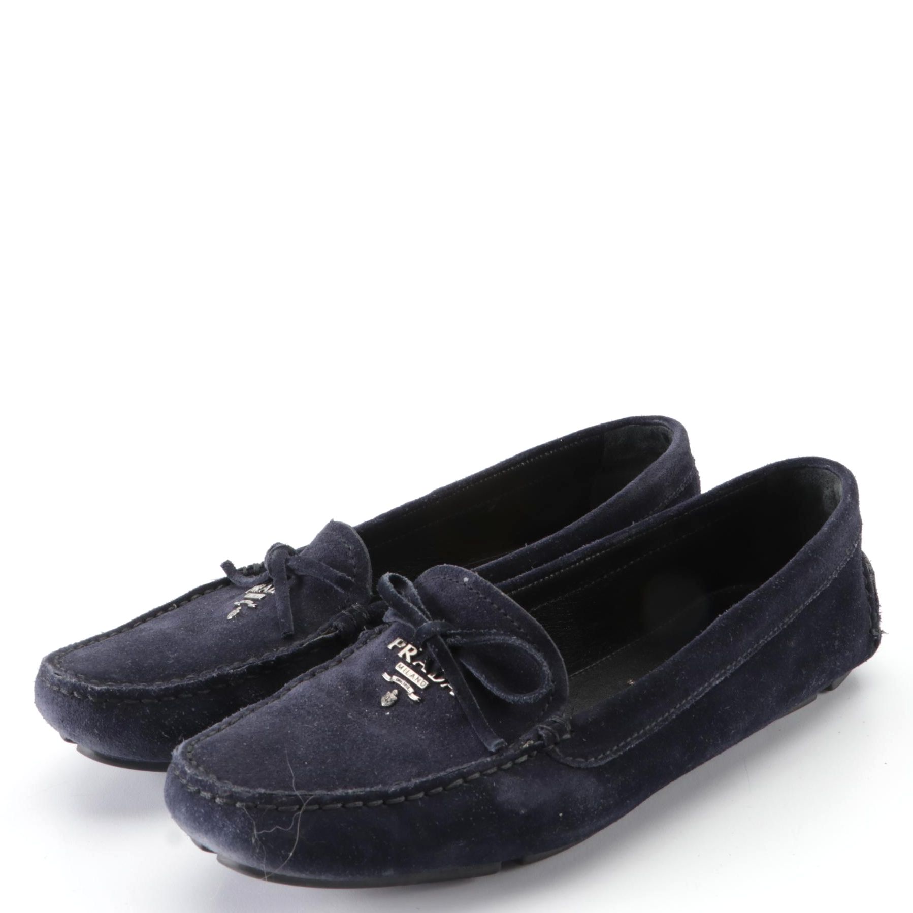 Prada Driving Loafers in Navy Blue Suede with Rubber Soles