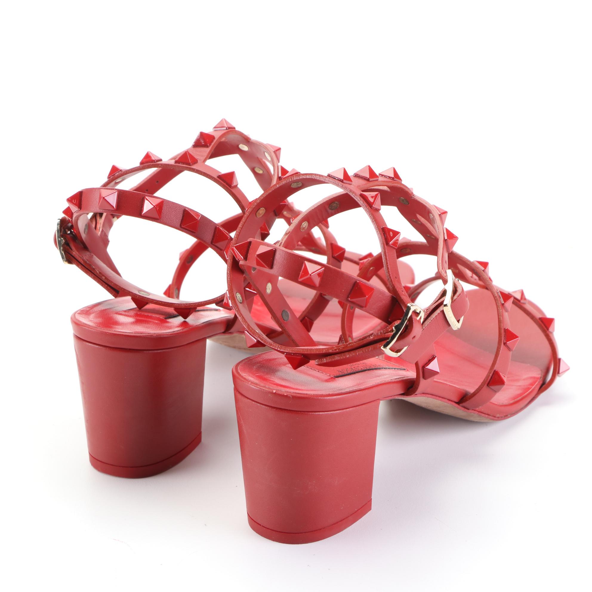 Valentino Rockstud 60mm Block-Heel Sandals in Studded Red Leather