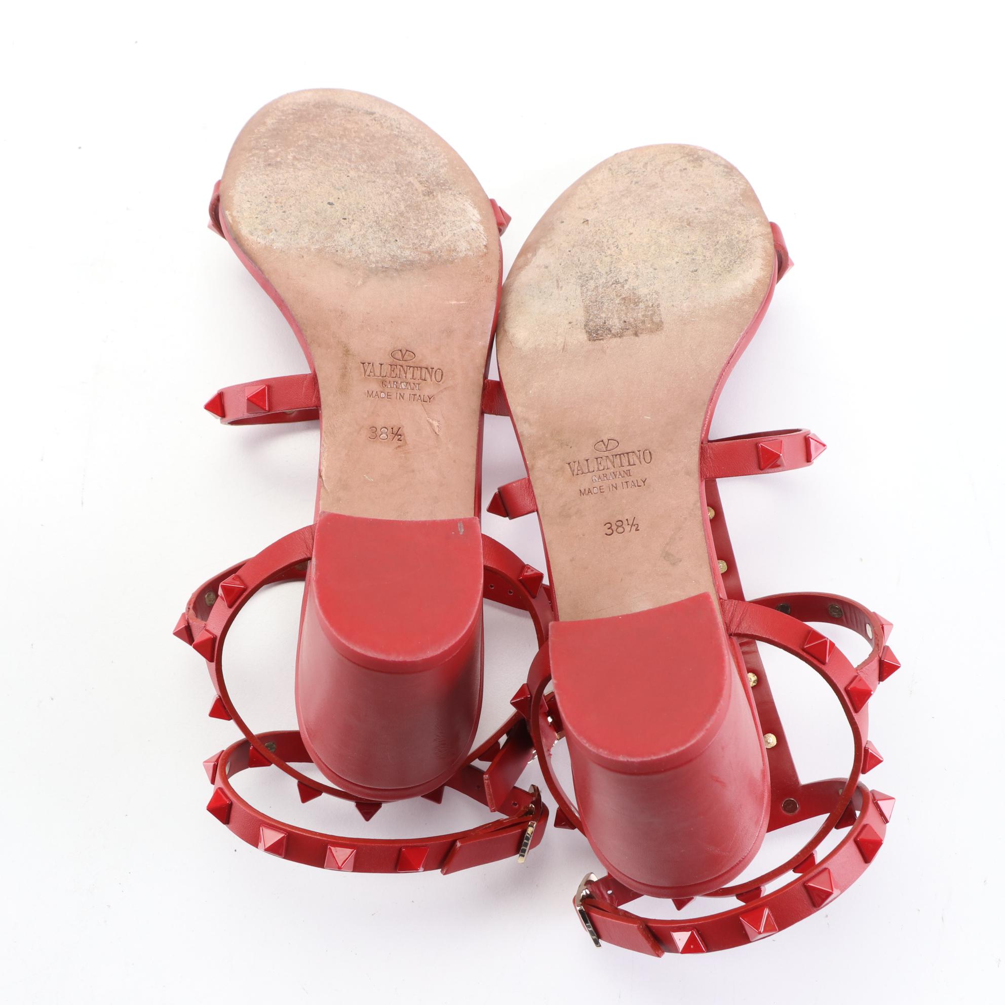 Valentino Rockstud 60mm Block-Heel Sandals in Studded Red Leather