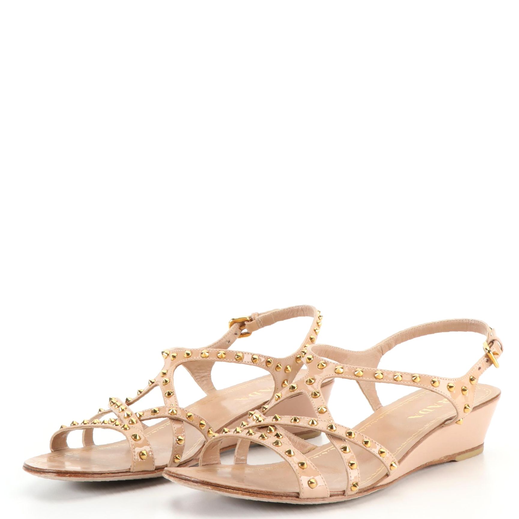 Prada Studded Wedge Sandals in Nude Patent Leather