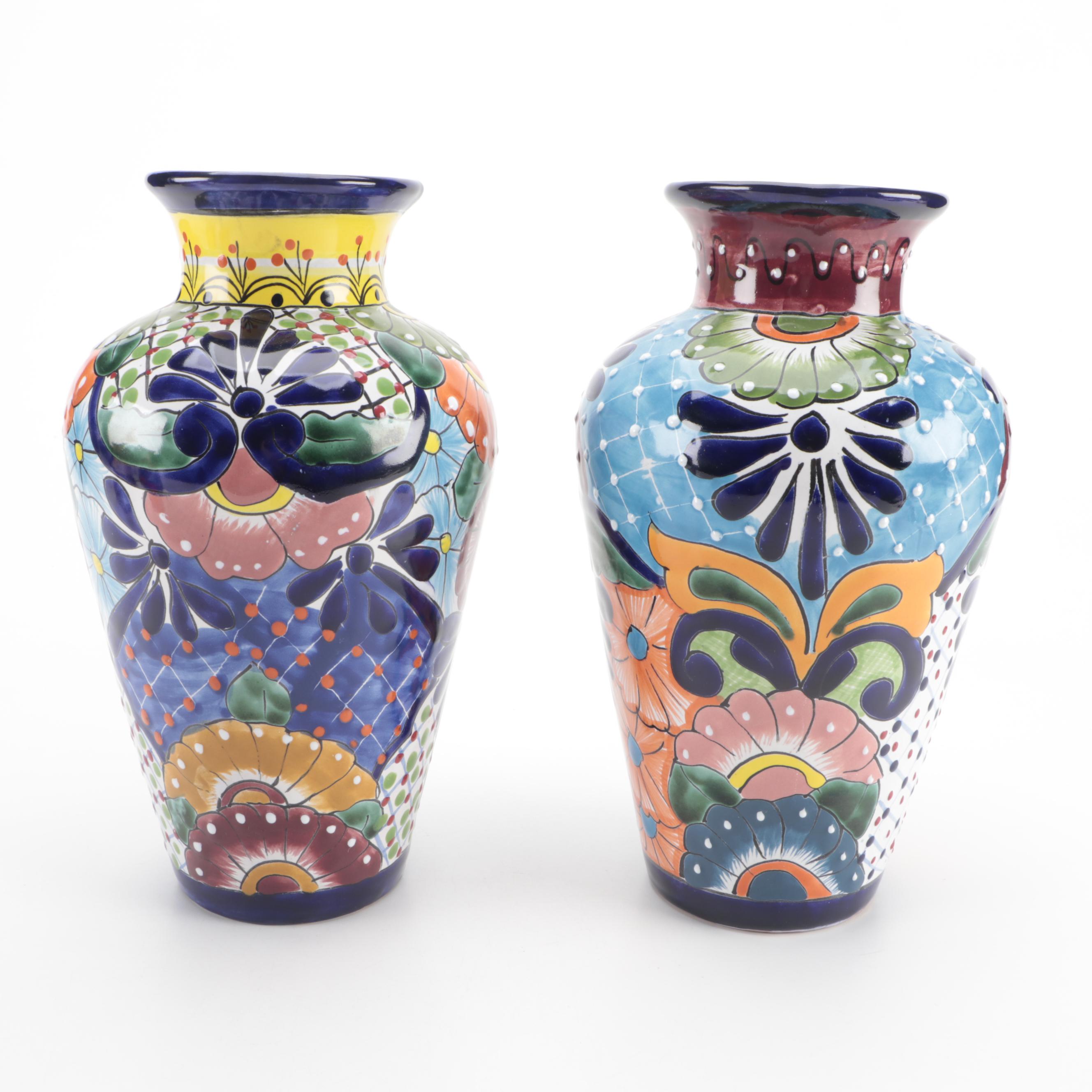 Mexican Hand-Painted Talavera Pottery Vases