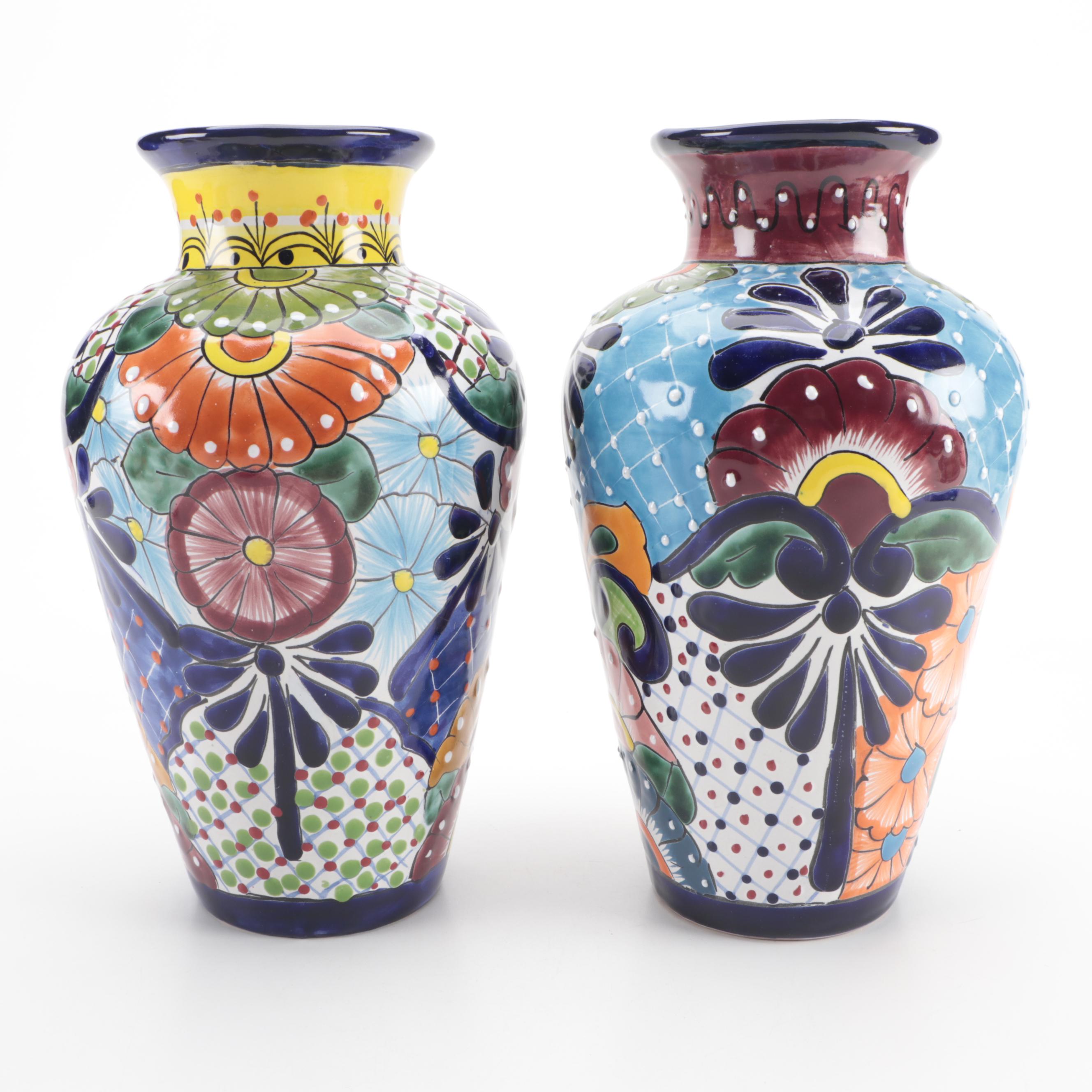 Mexican Hand-Painted Talavera Pottery Vases