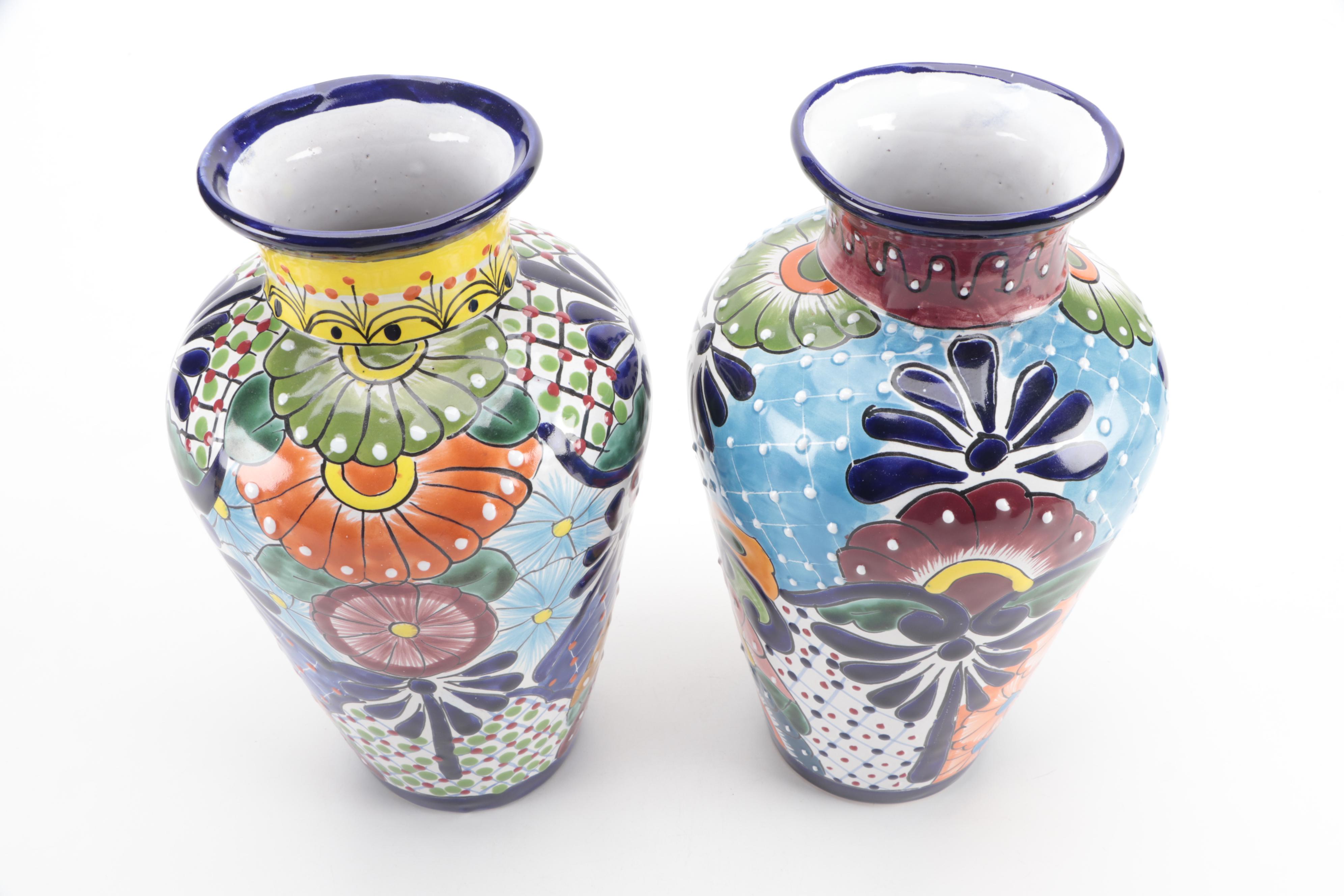 Mexican Hand-Painted Talavera Pottery Vases