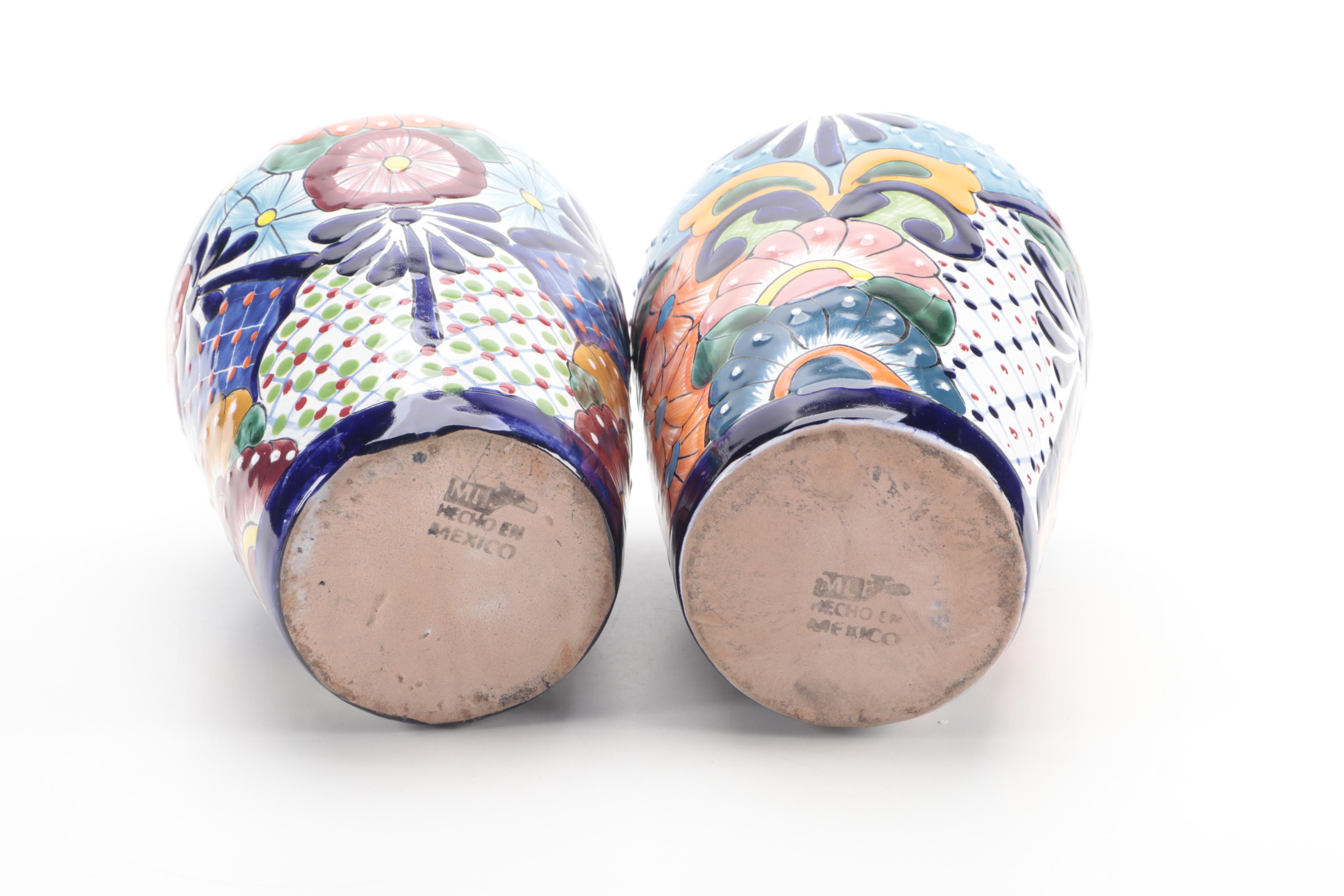 Mexican Hand-Painted Talavera Pottery Vases