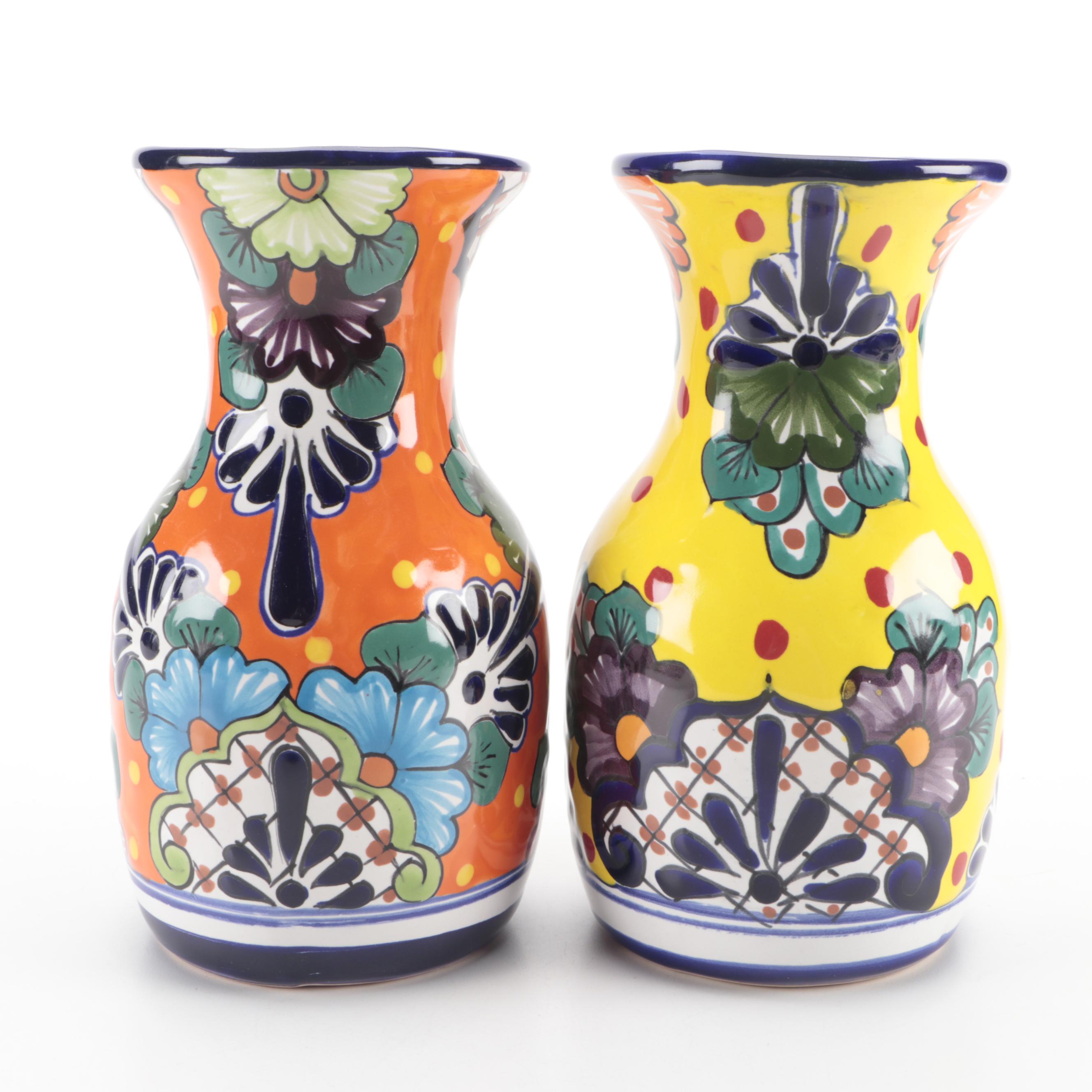 Mexican Hand-Painted Talavera Pottery Vases