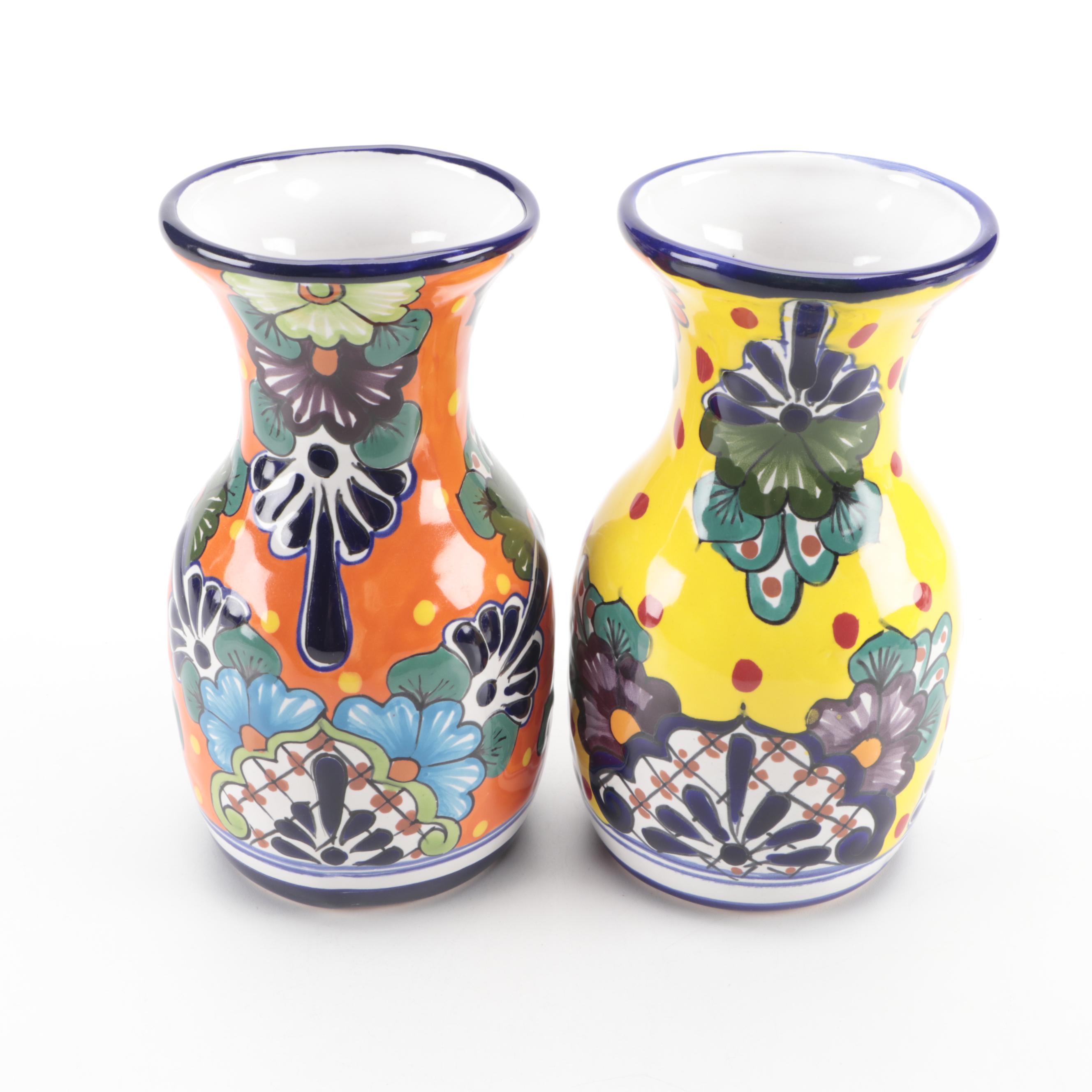 Mexican Hand-Painted Talavera Pottery Vases
