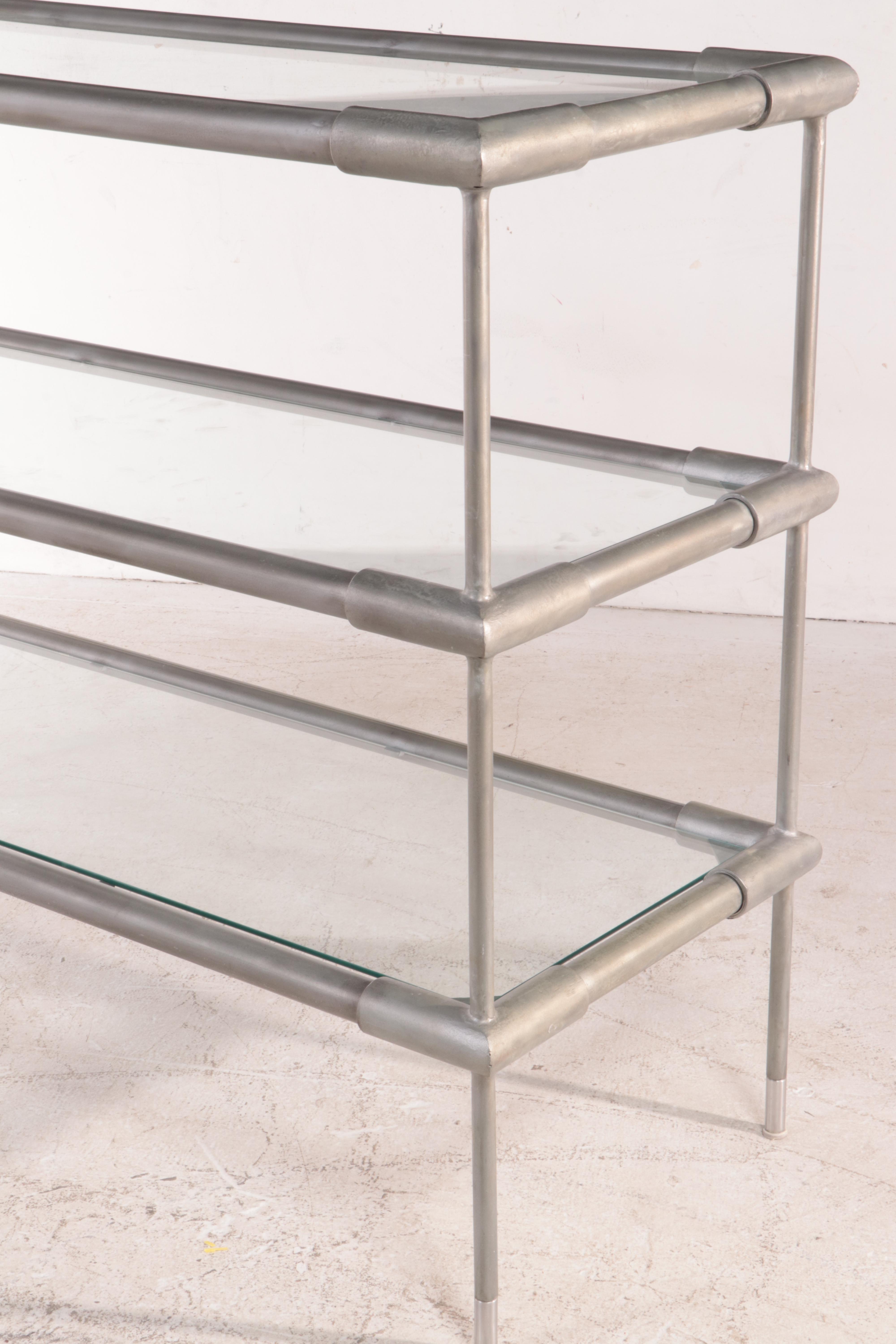 Industrial Style Tubular Metal and Glass Three-Tiered Side Table