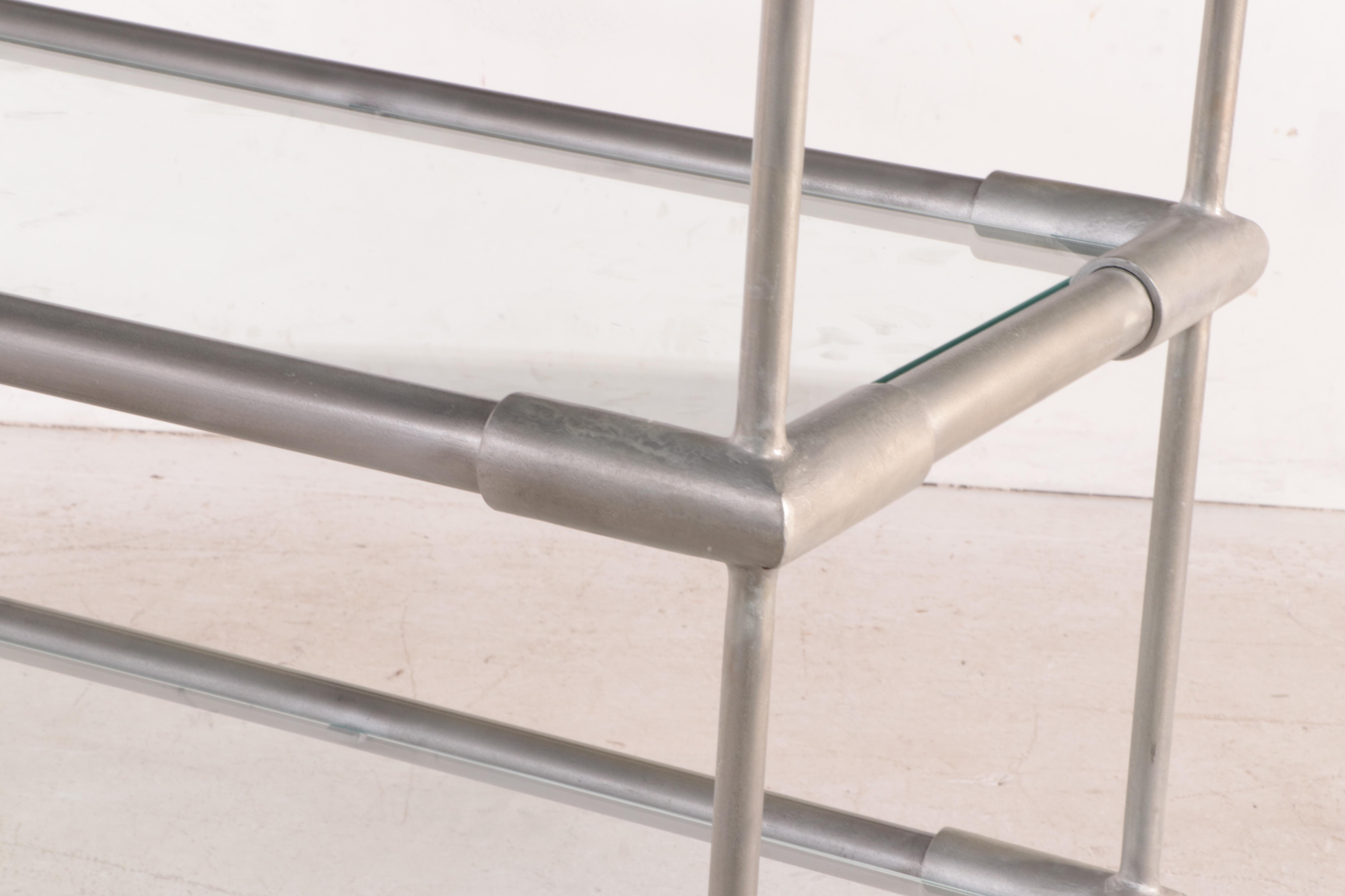 Industrial Style Tubular Metal and Glass Three-Tiered Side Table