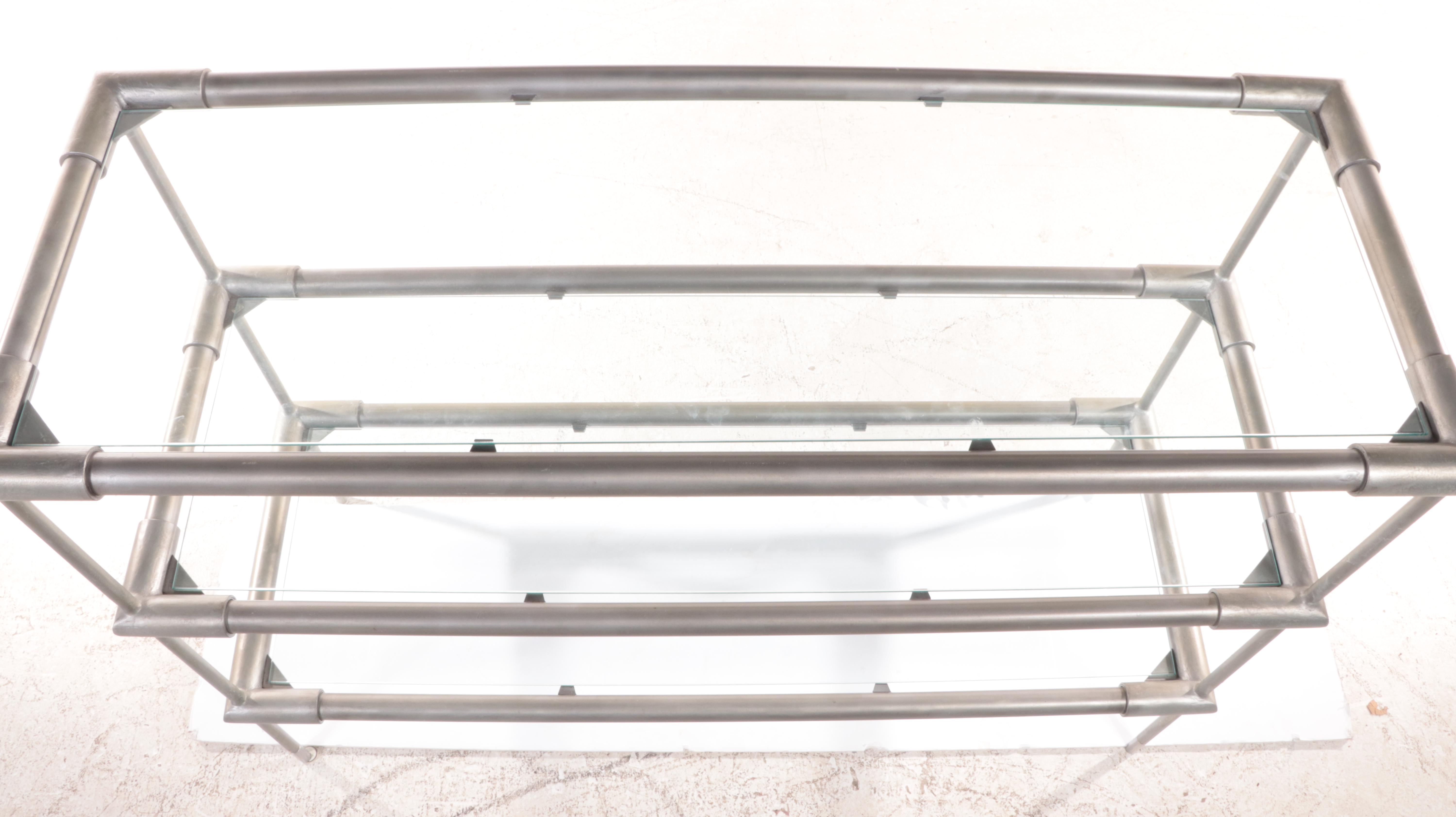 Industrial Style Tubular Metal and Glass Three-Tiered Side Table