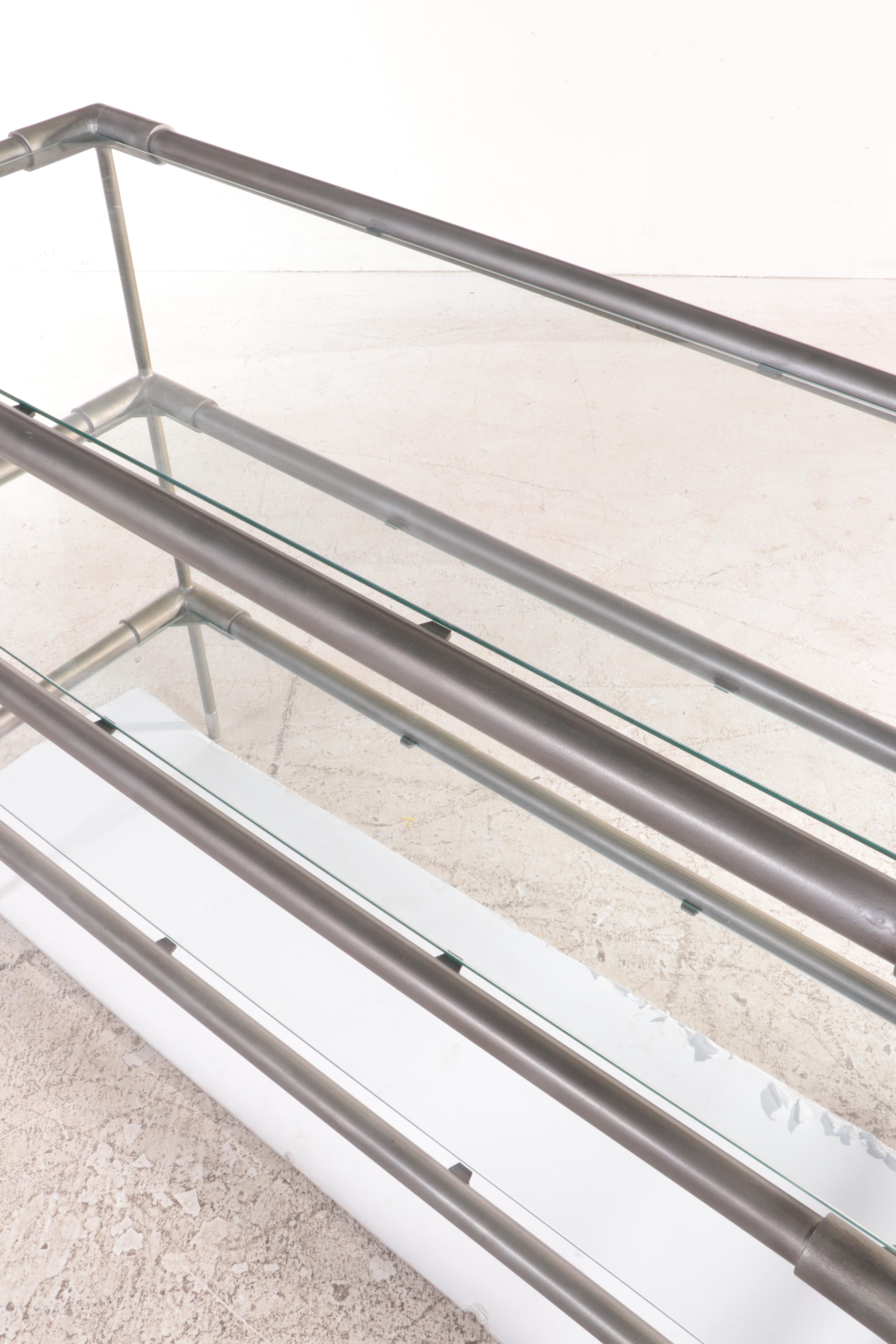 Industrial Style Tubular Metal and Glass Three-Tiered Side Table