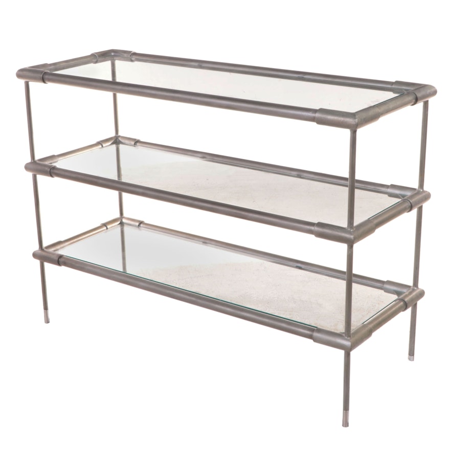 Industrial Style Tubular Metal and Glass Three-Tiered Side Table
