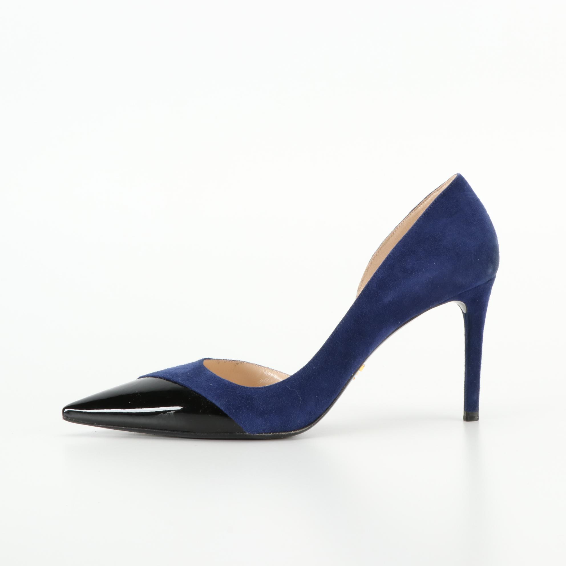 Prada d'Orsay Pumps in Blue Suede with Black Patent Leather Toe Caps