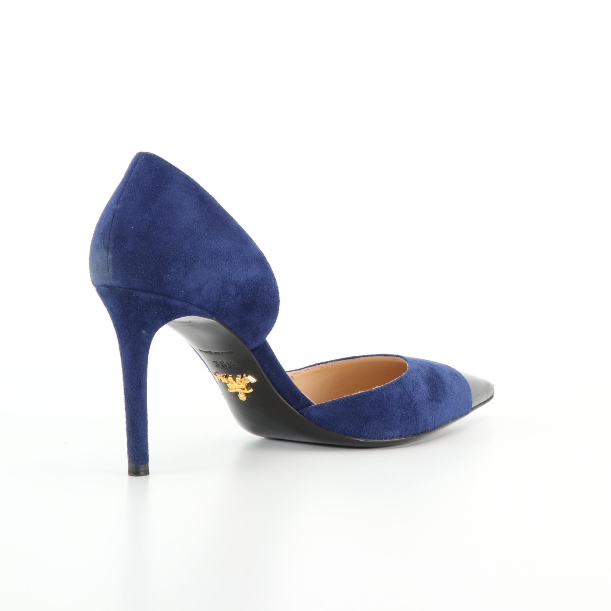 Prada d'Orsay Pumps in Blue Suede with Black Patent Leather Toe Caps