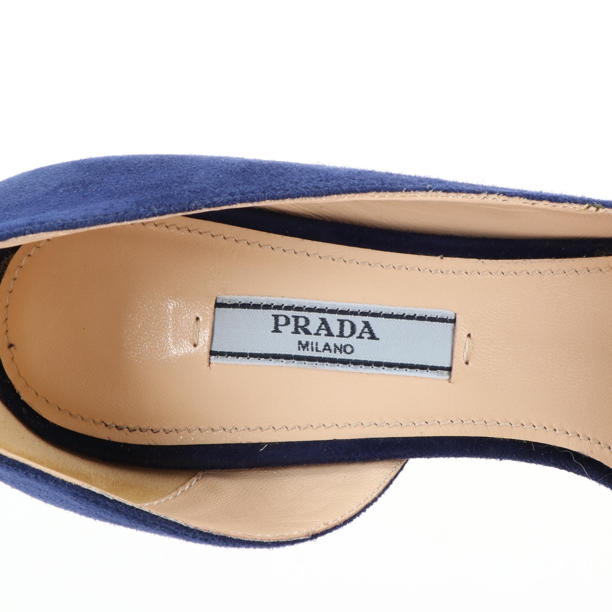 Prada d'Orsay Pumps in Blue Suede with Black Patent Leather Toe Caps