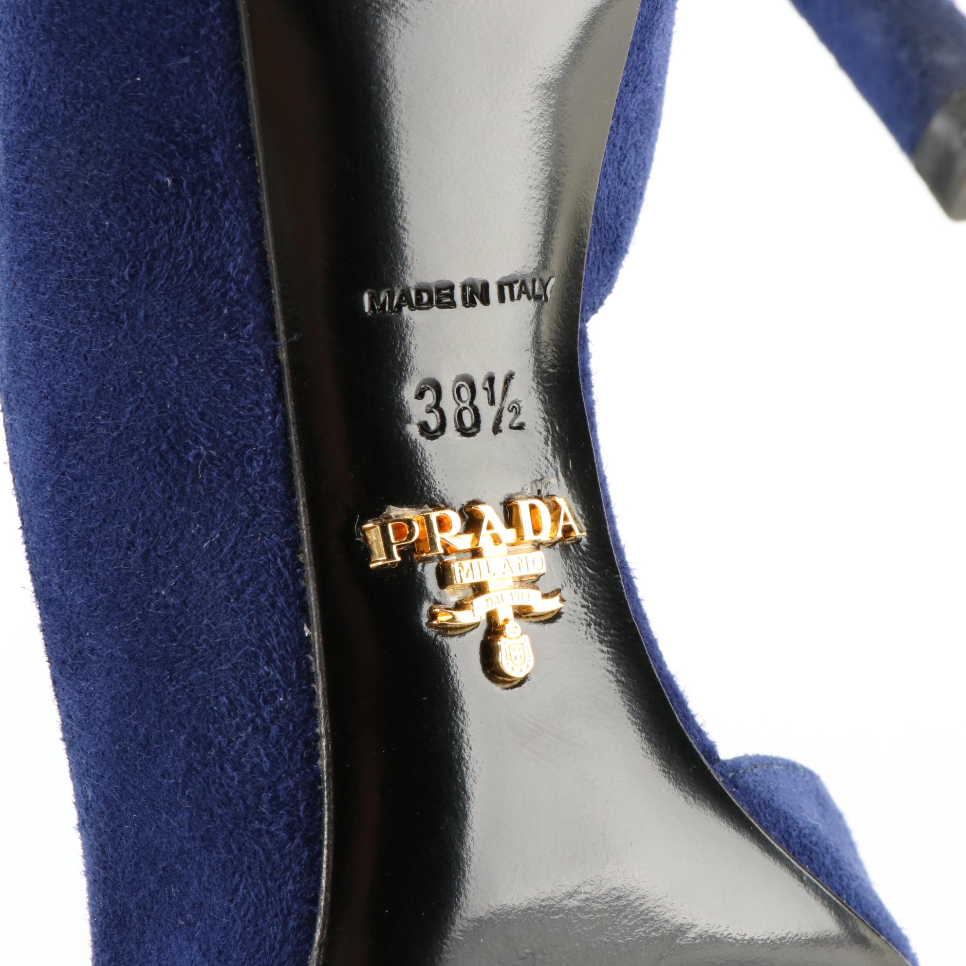 Prada d'Orsay Pumps in Blue Suede with Black Patent Leather Toe Caps