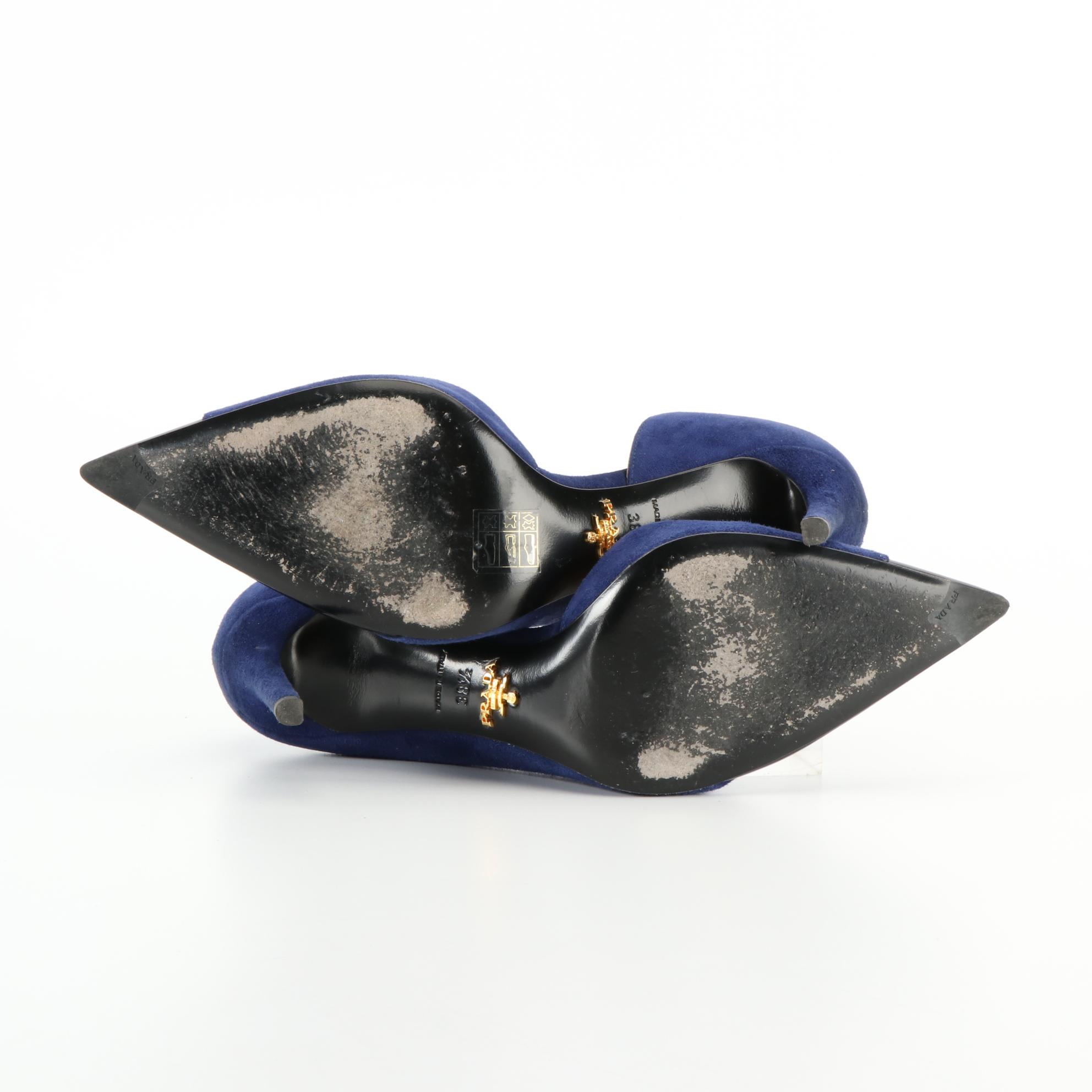 Prada d'Orsay Pumps in Blue Suede with Black Patent Leather Toe Caps