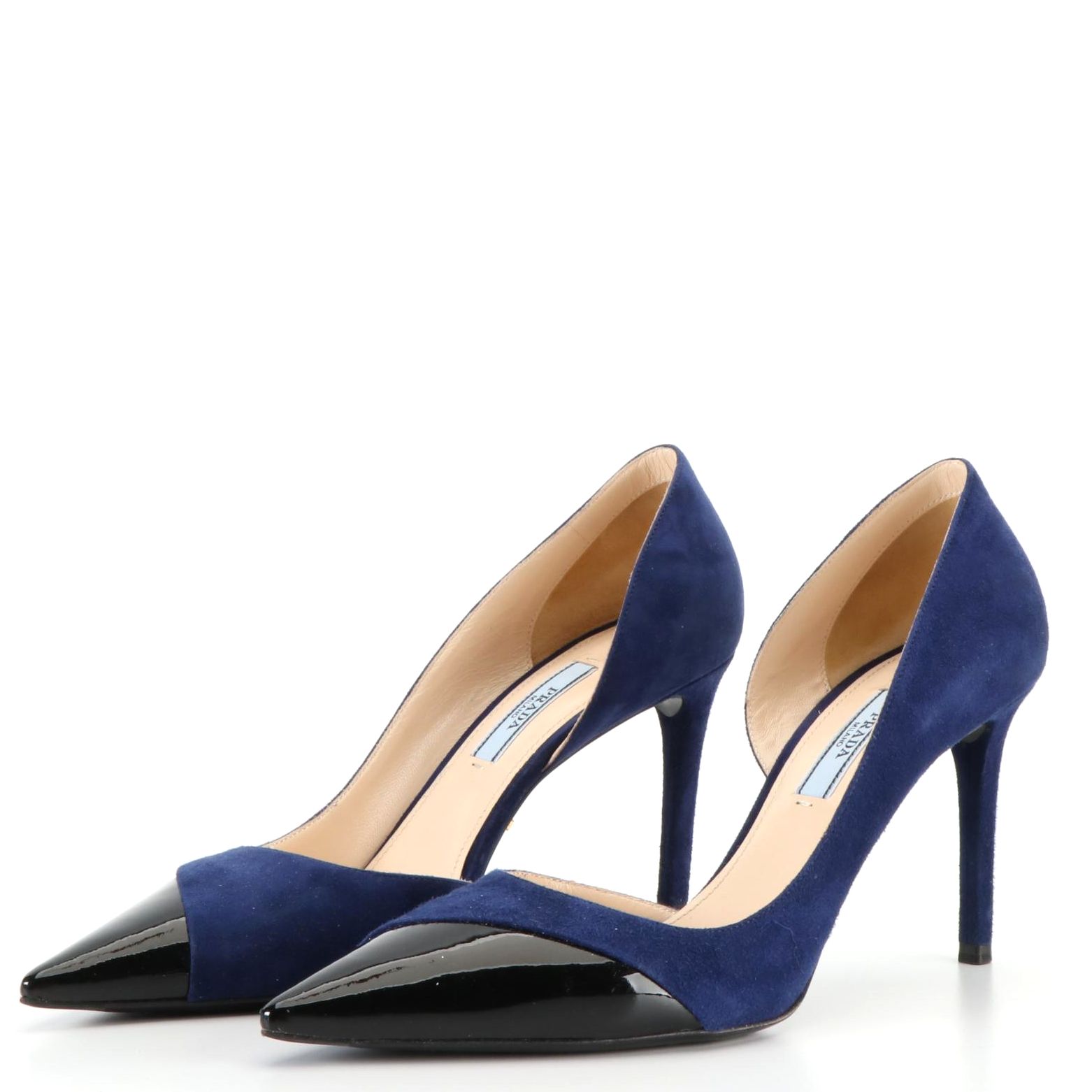 Prada d'Orsay Pumps in Blue Suede with Black Patent Leather Toe Caps