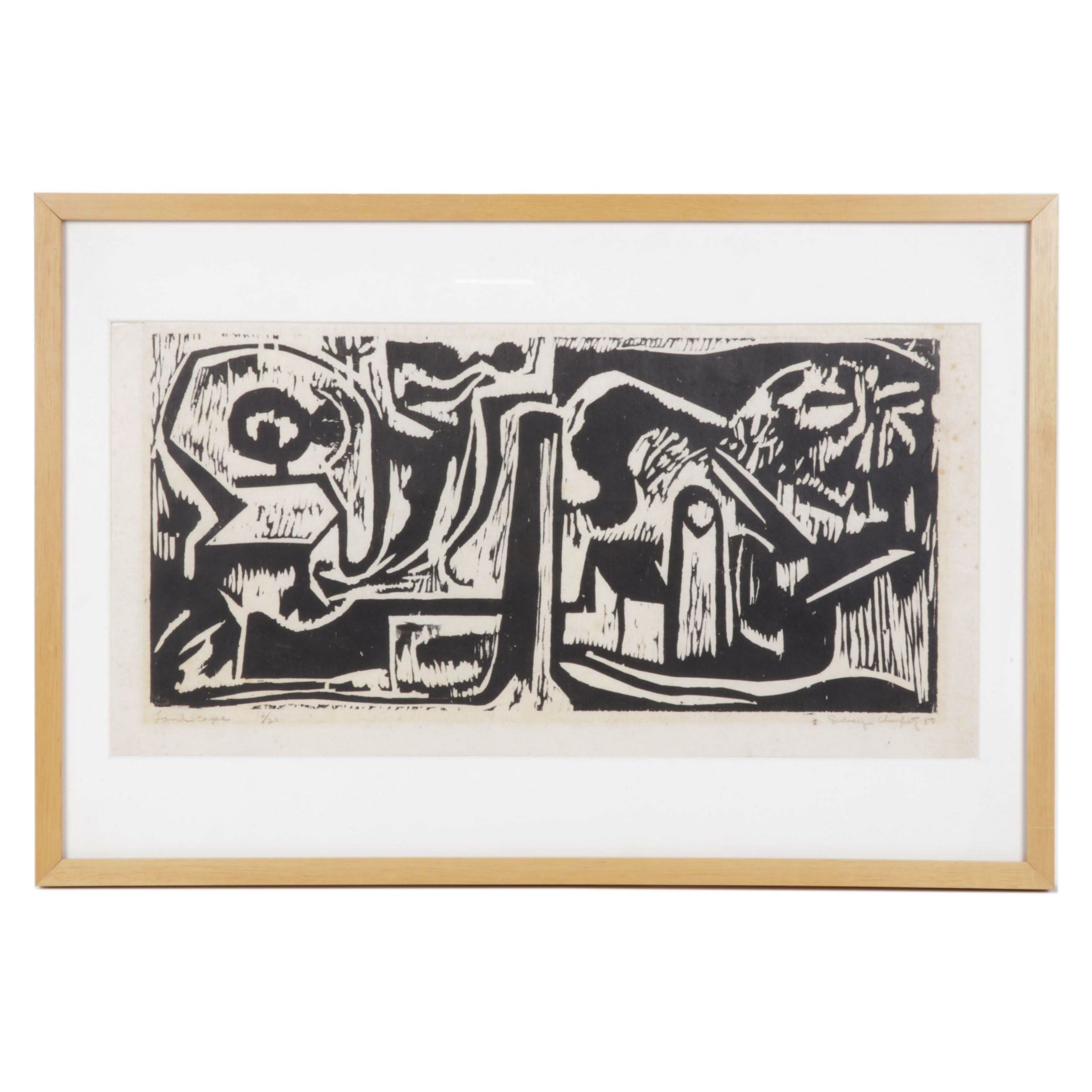 Sidney Chafetz Woodcut "Landscape," 1980