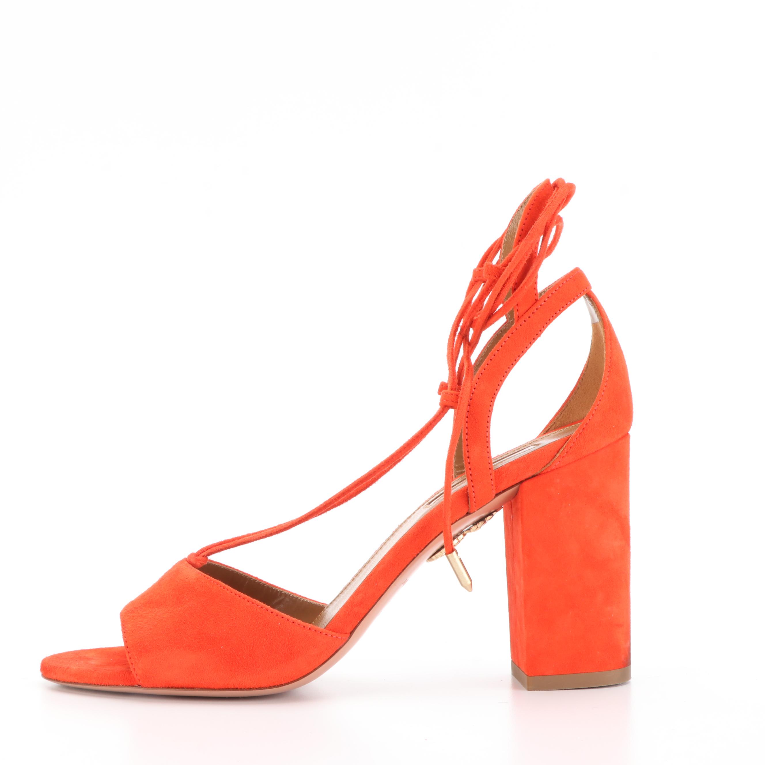 Aquazzura Block Heel Sandals in Orange Suede with Ankle Ties