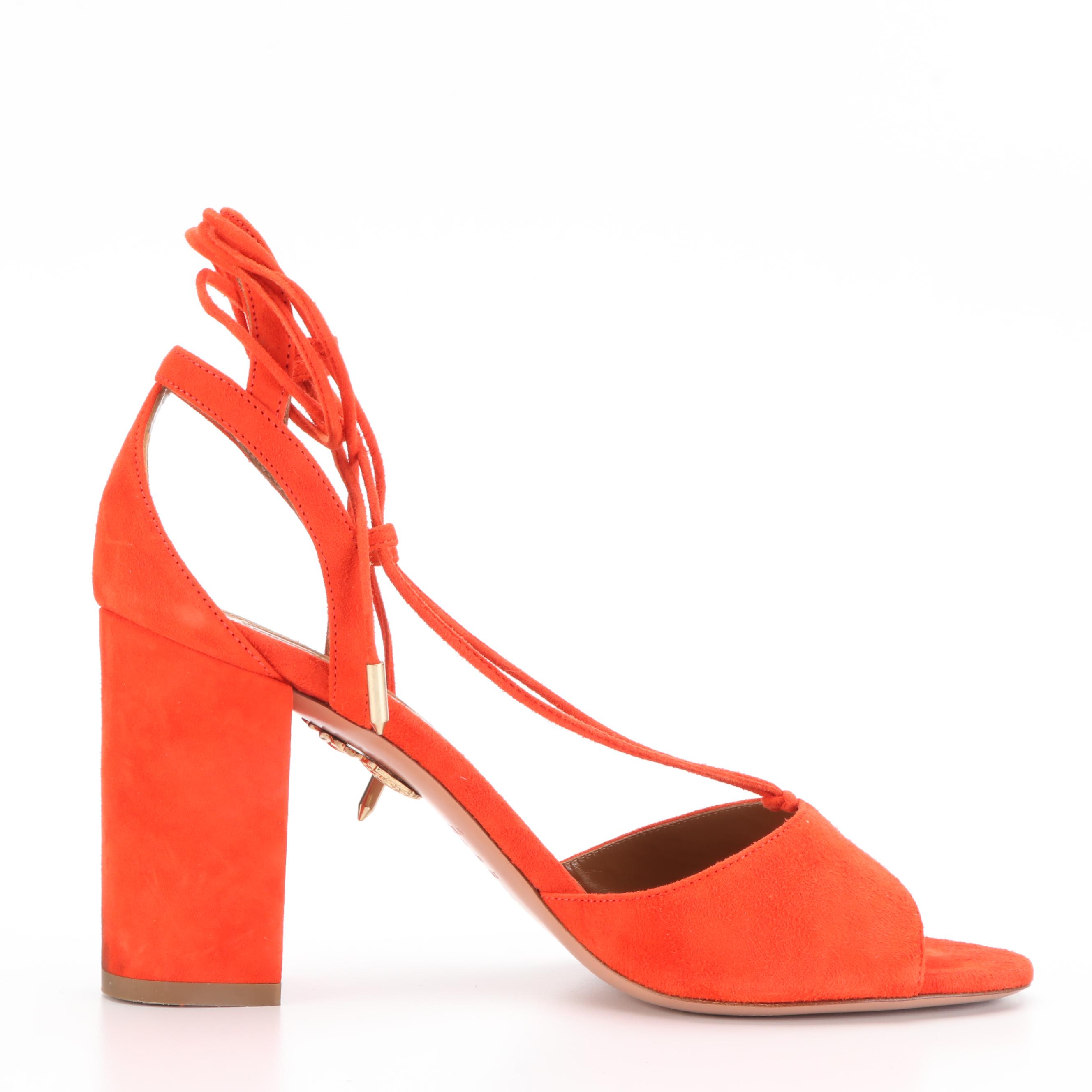 Aquazzura Block Heel Sandals in Orange Suede with Ankle Ties