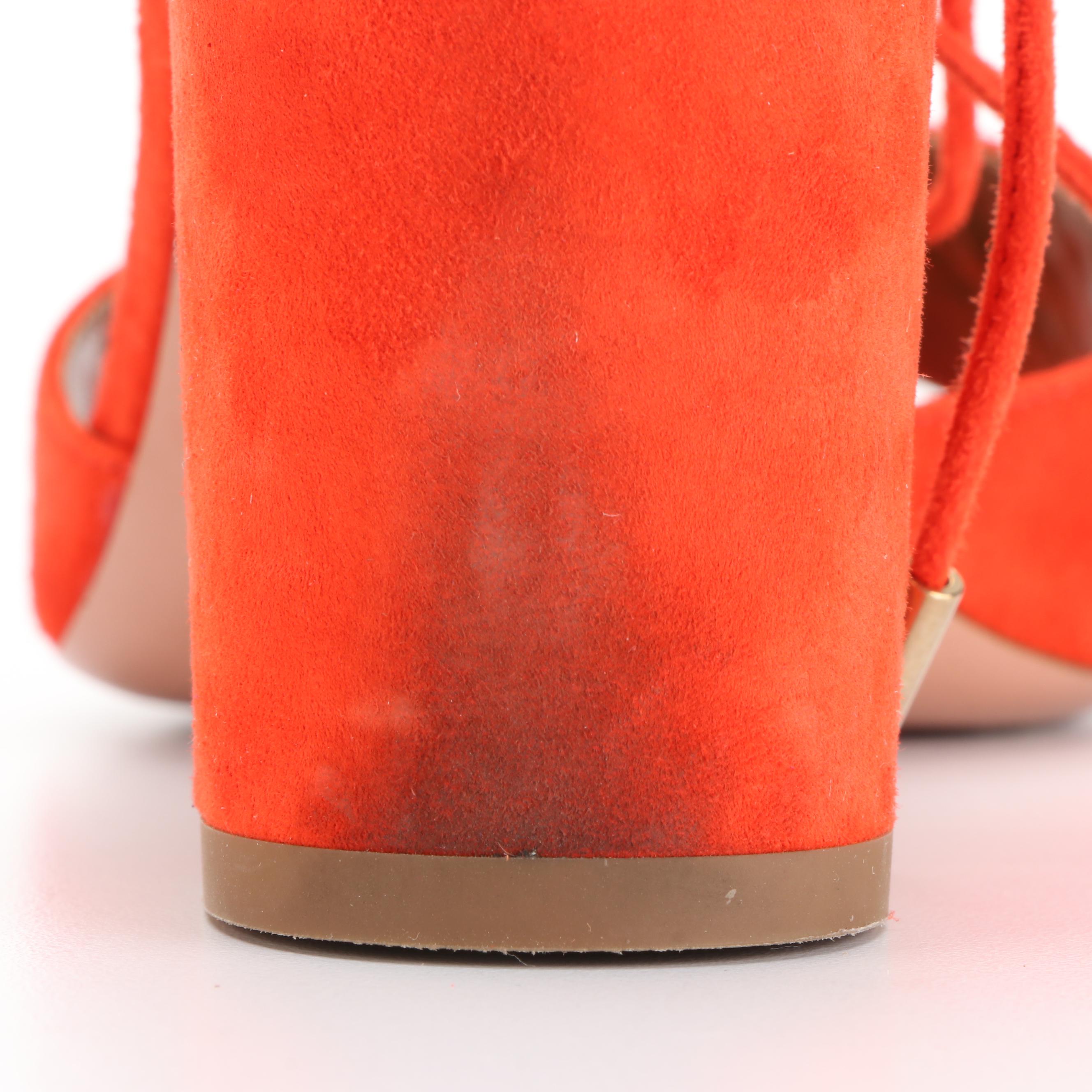 Aquazzura Block Heel Sandals in Orange Suede with Ankle Ties