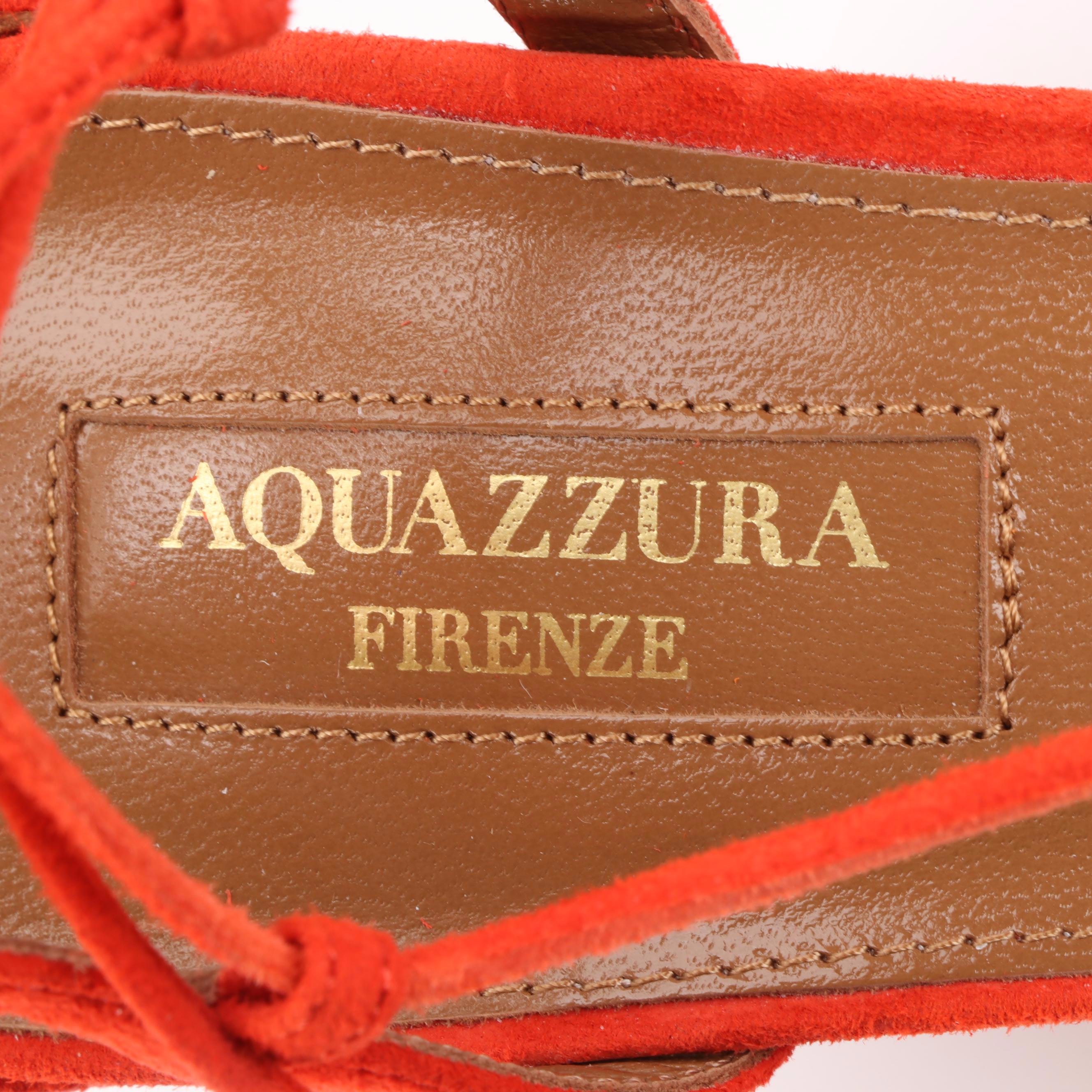 Aquazzura Block Heel Sandals in Orange Suede with Ankle Ties