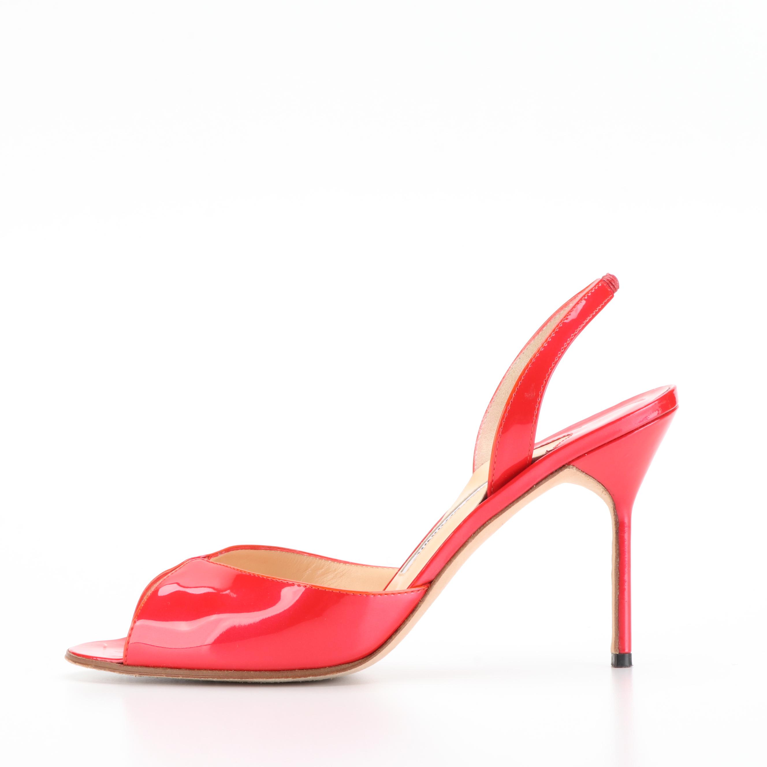 Manolo Blahnik Open Toe High Heel Slingbacks in Patent Leather