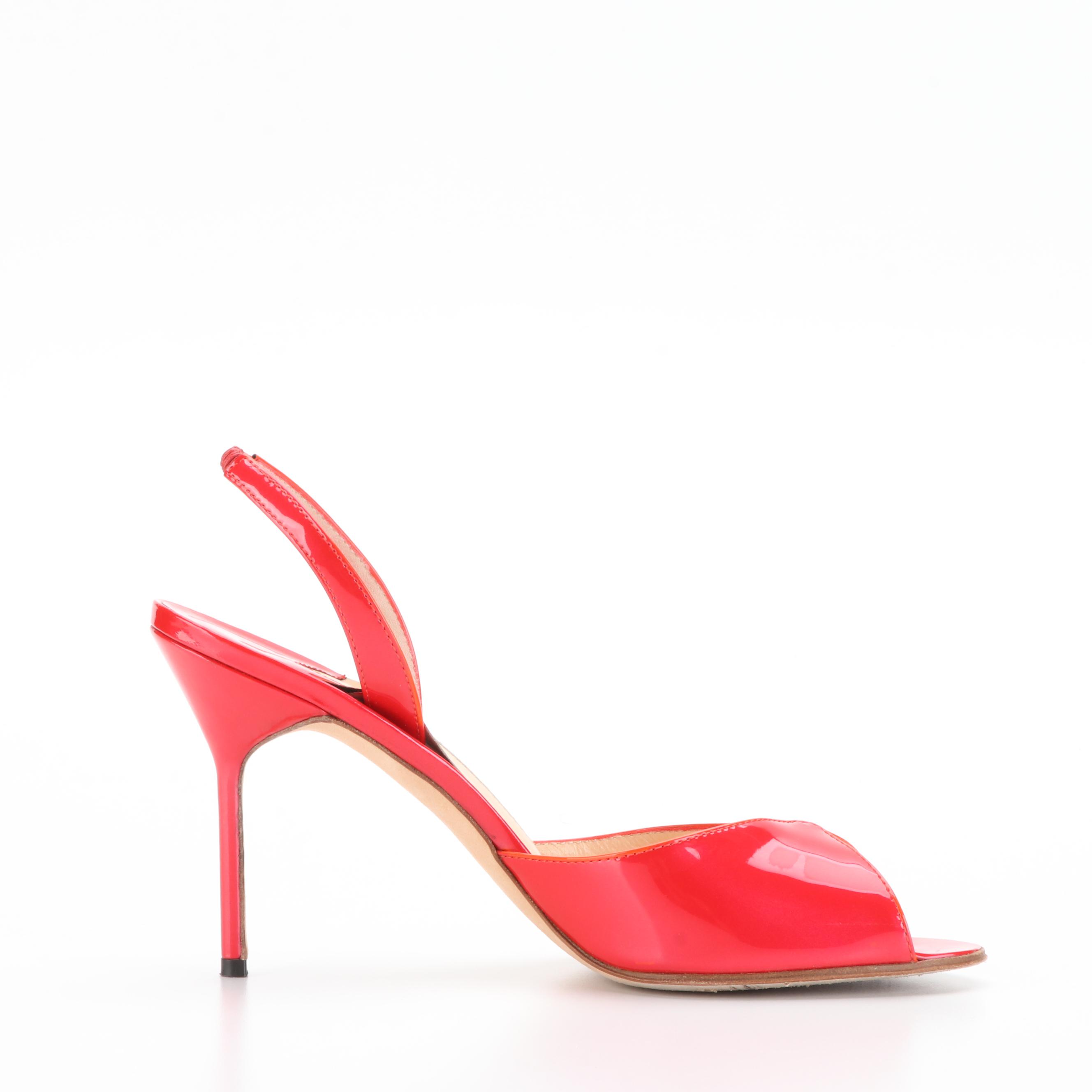 Manolo Blahnik Open Toe High Heel Slingbacks in Patent Leather