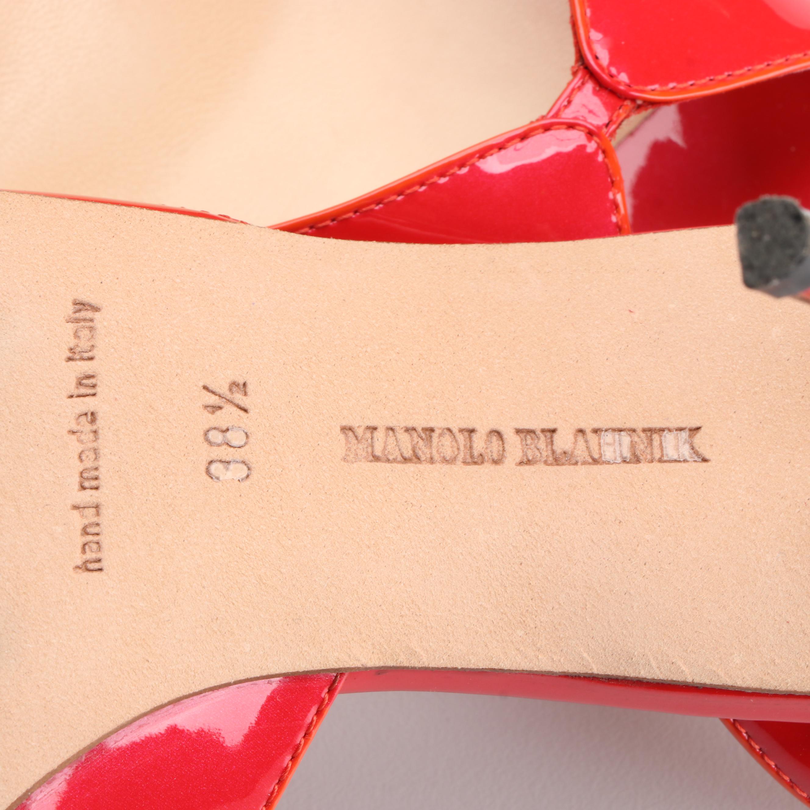 Manolo Blahnik Open Toe High Heel Slingbacks in Patent Leather