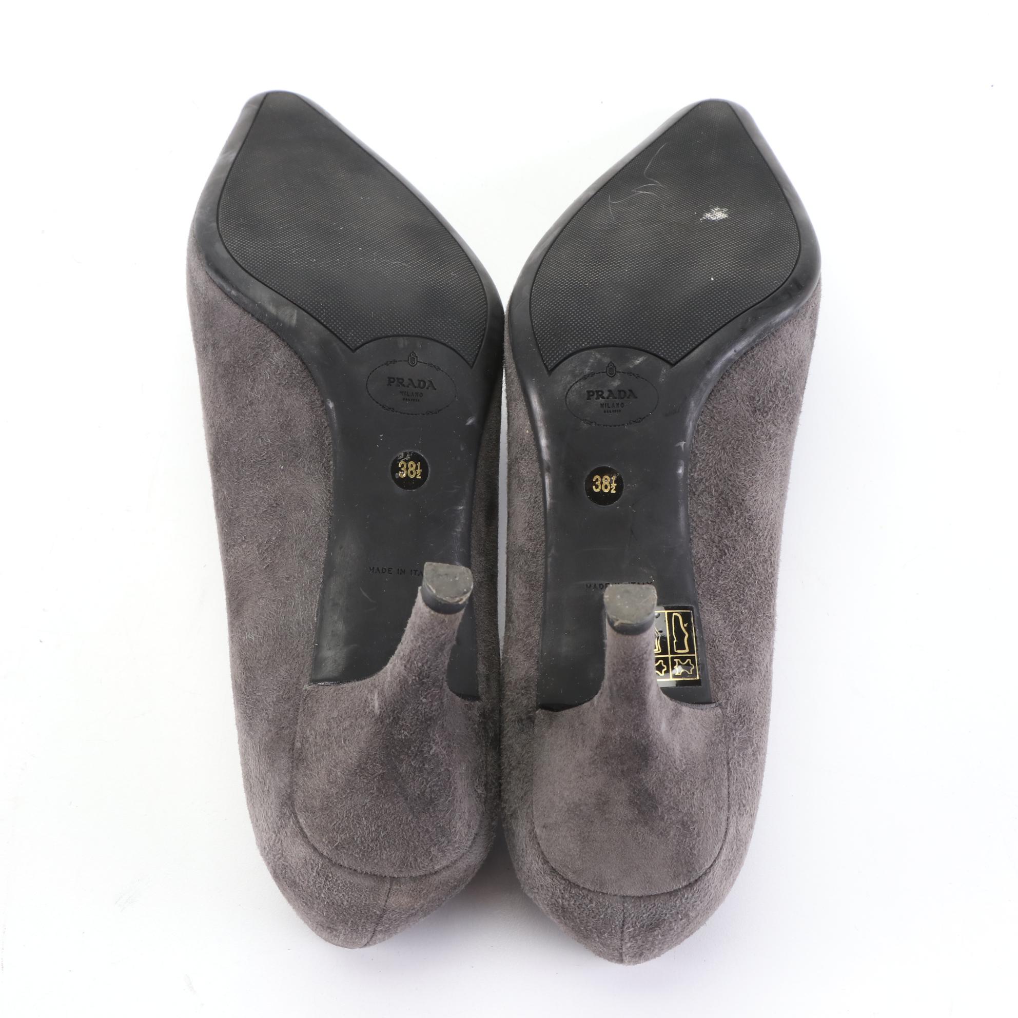 Prada 70mm Pumps in Dark Grey Suede with Rubber Soles