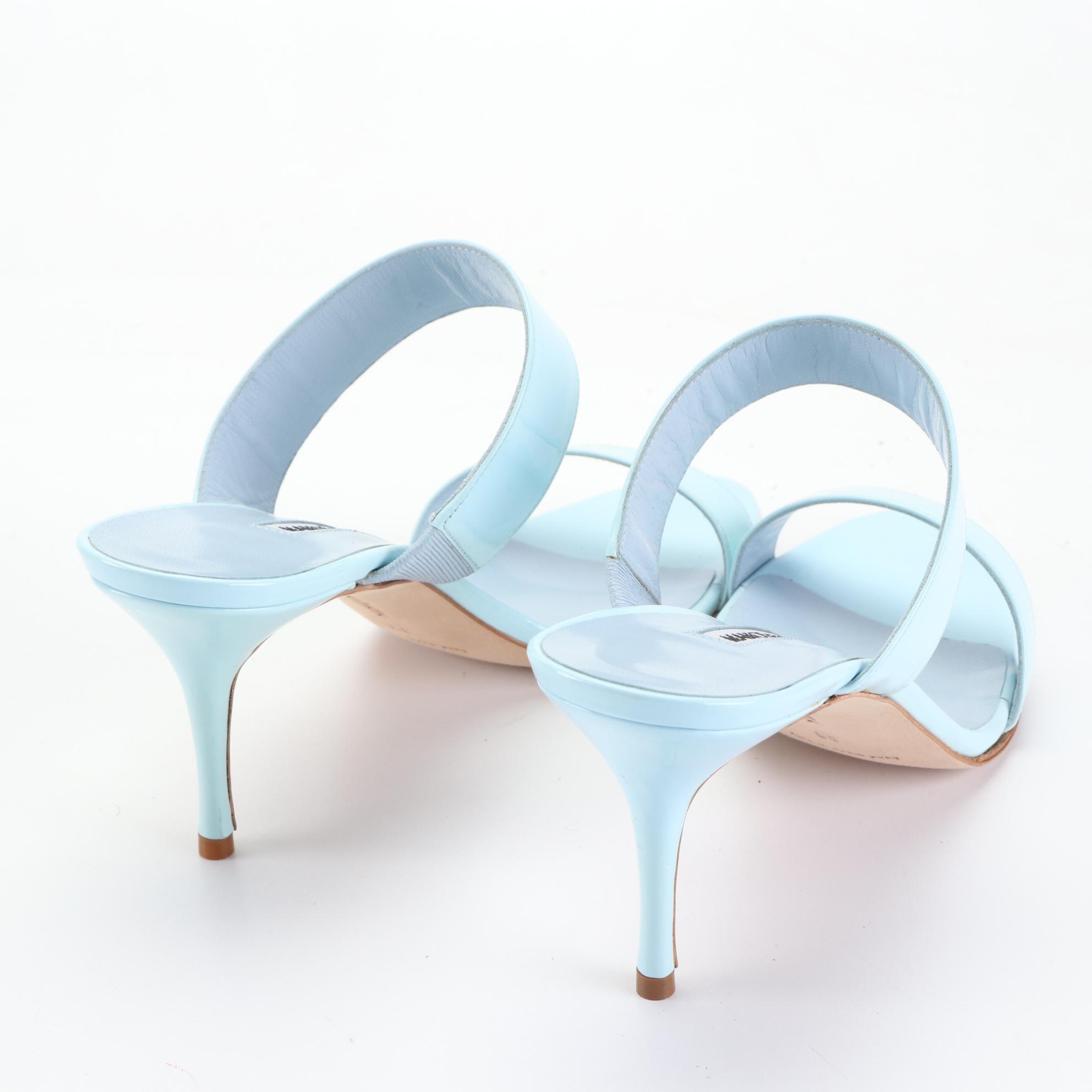 Manolo Blahnik 70mm Scolto Sandals in Pale Blue Patent Leather