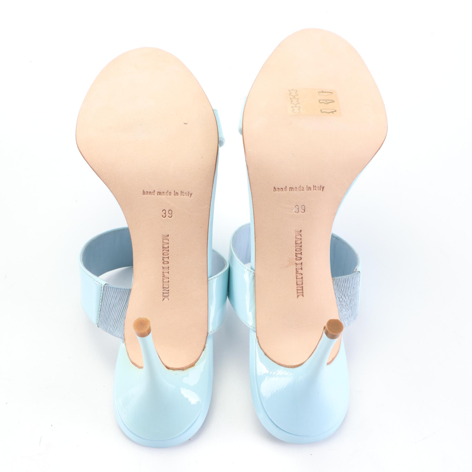 Manolo Blahnik 70mm Scolto Sandals in Pale Blue Patent Leather